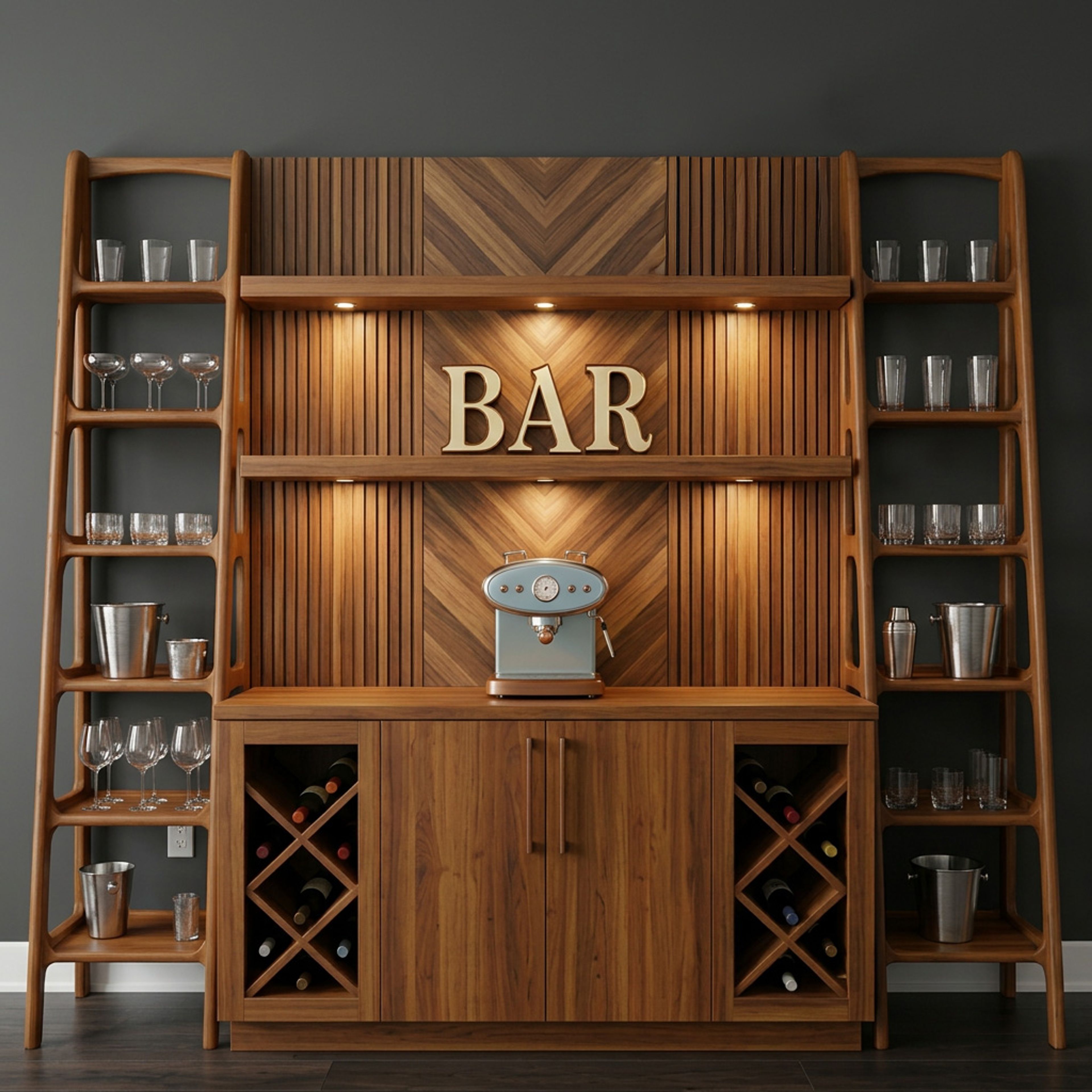 Wooden Rustic Home Bar Design with Matte Laminate Closed Storage Cabinet
