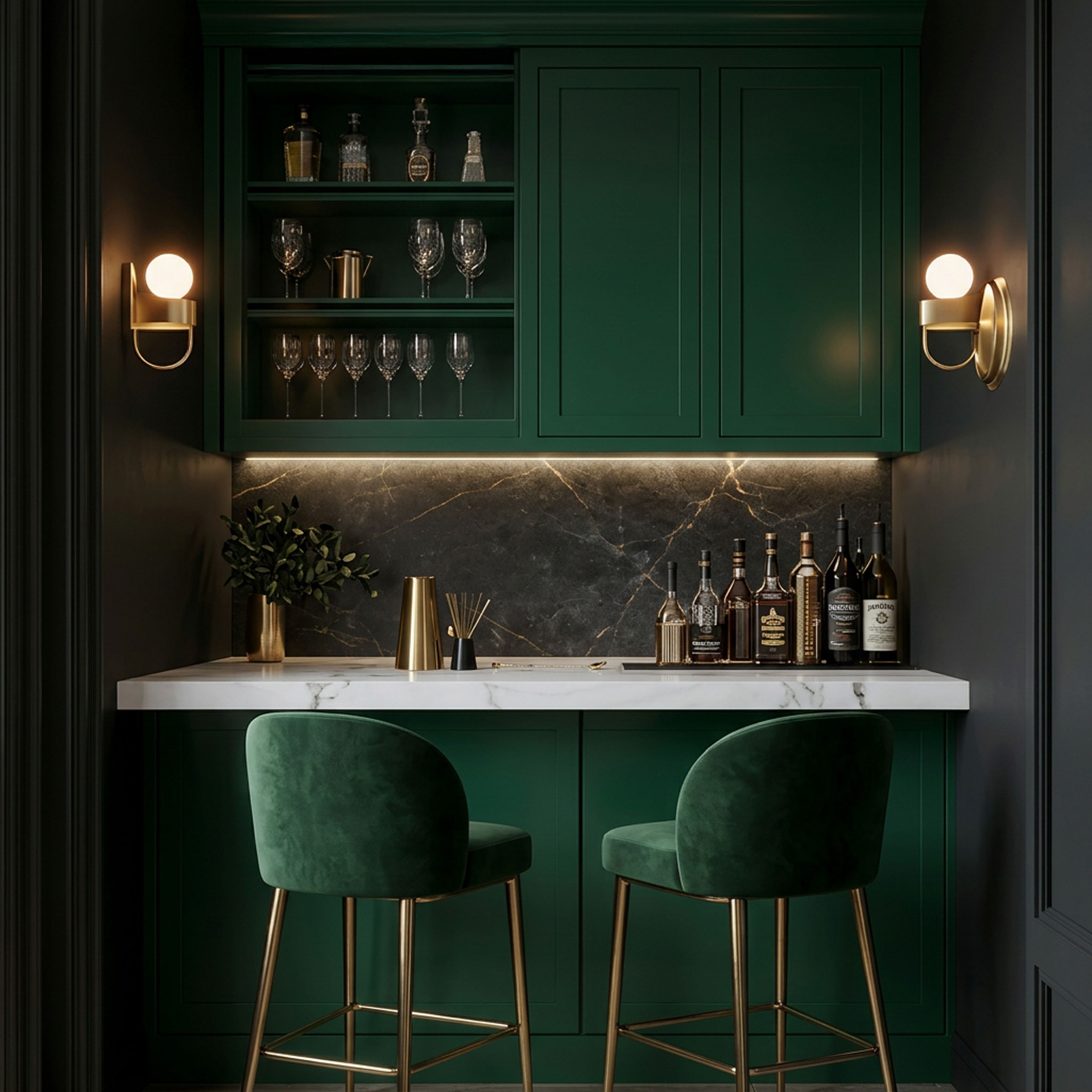 Emerald Green Modern Home Bar Design with Closed Base Storage Cabinets