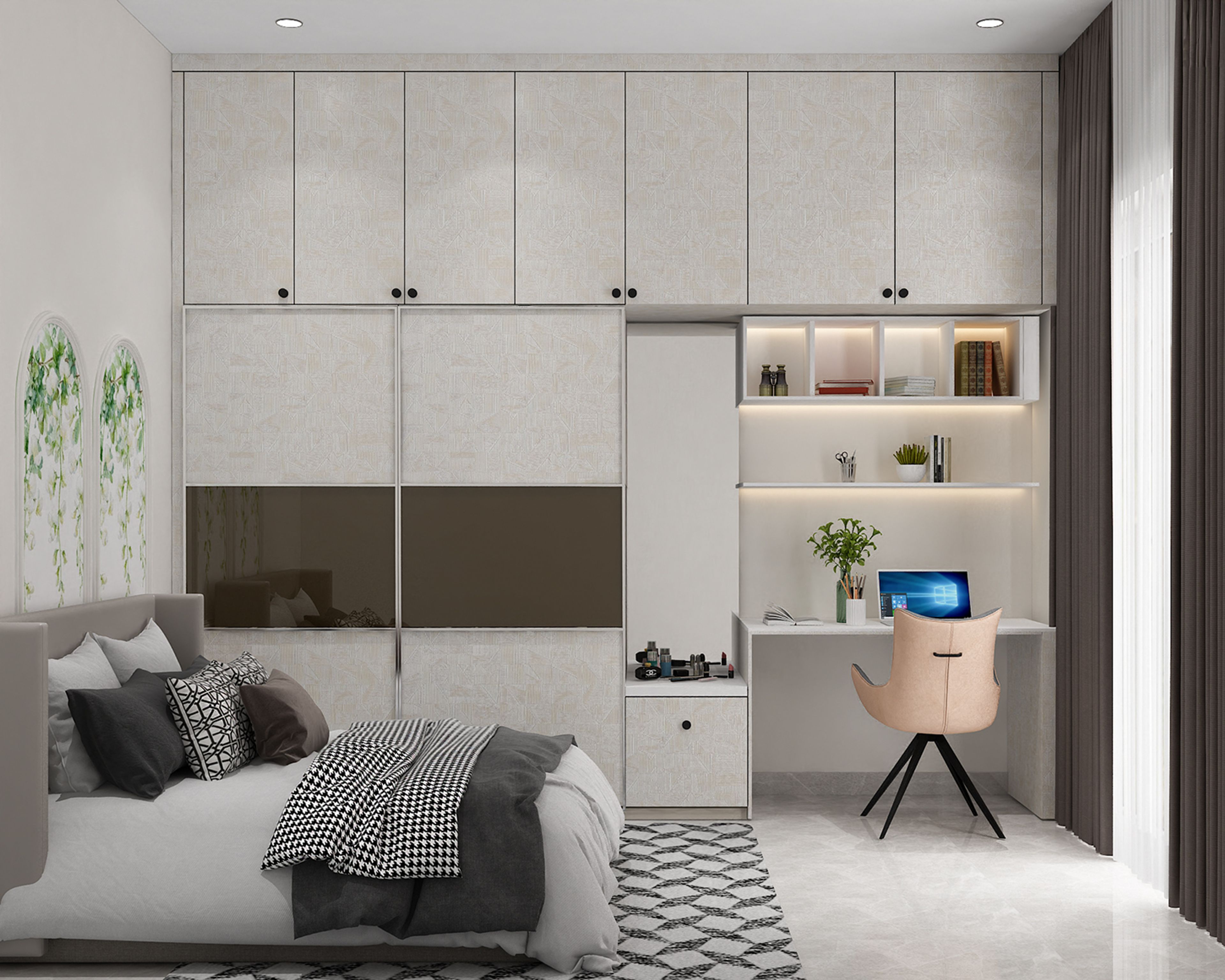 Contemporary Matte Finish Home Office Design with Storage and Desk Setup