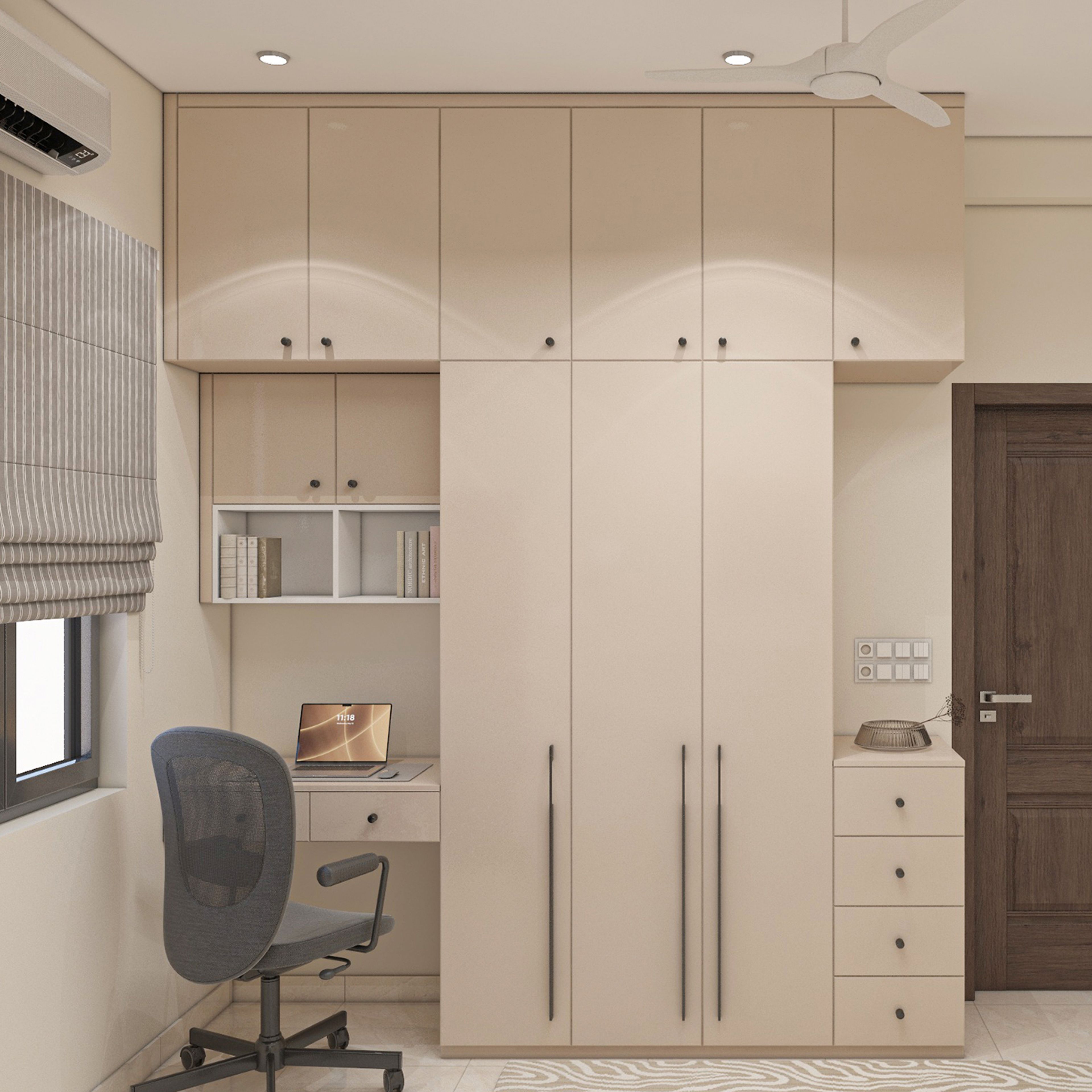 Minimal Cream Home Office Design with Storage Wall and Matte Finish Desk