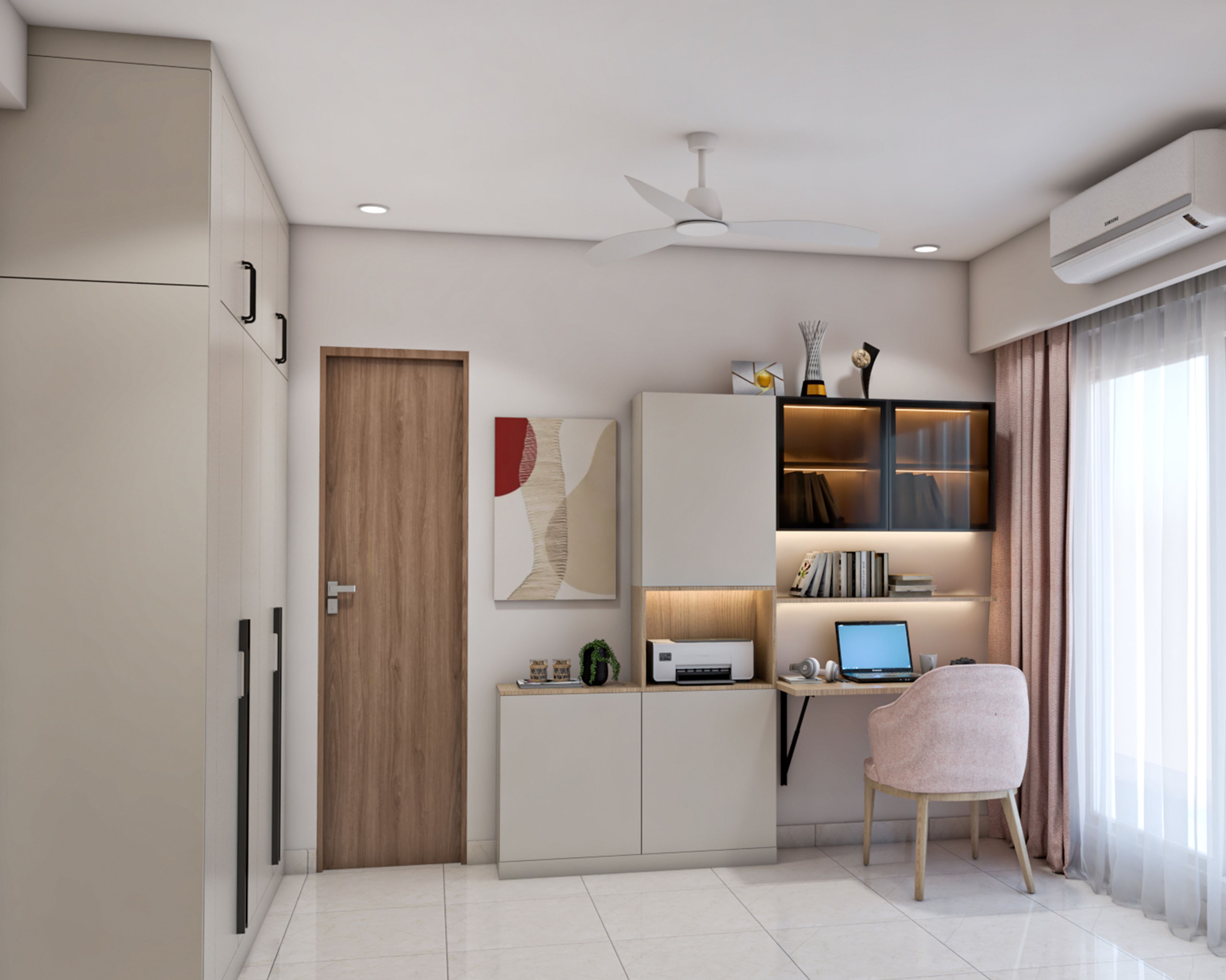 Smoke Grey Modern Home Office Design with Storage Wall and Built In Desk