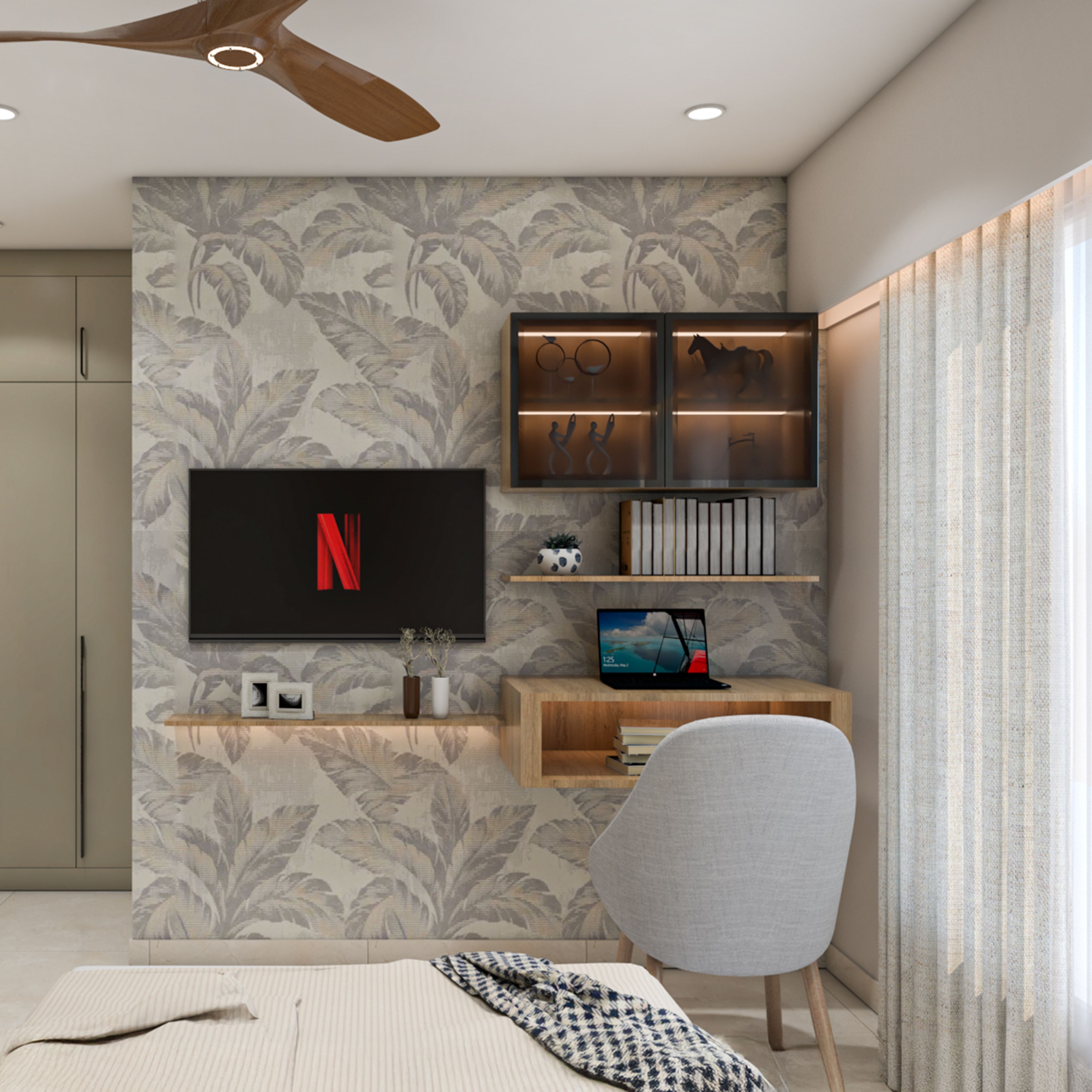Textured Modern Wallpaper Design with Neutral Tropical Botanical Leaf Patterns