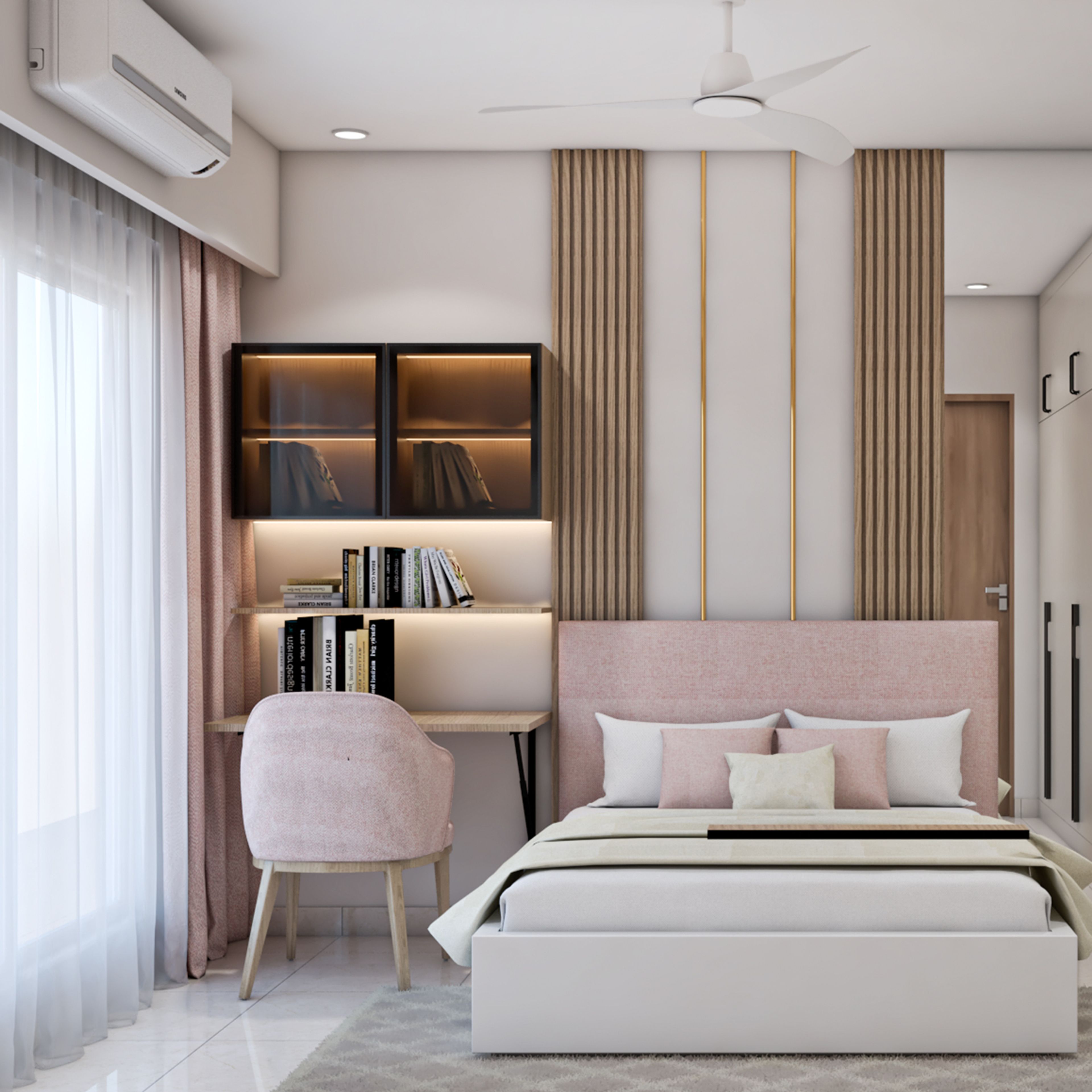 Modern Home Office Design with Blush Pink Chair and Wood Desk