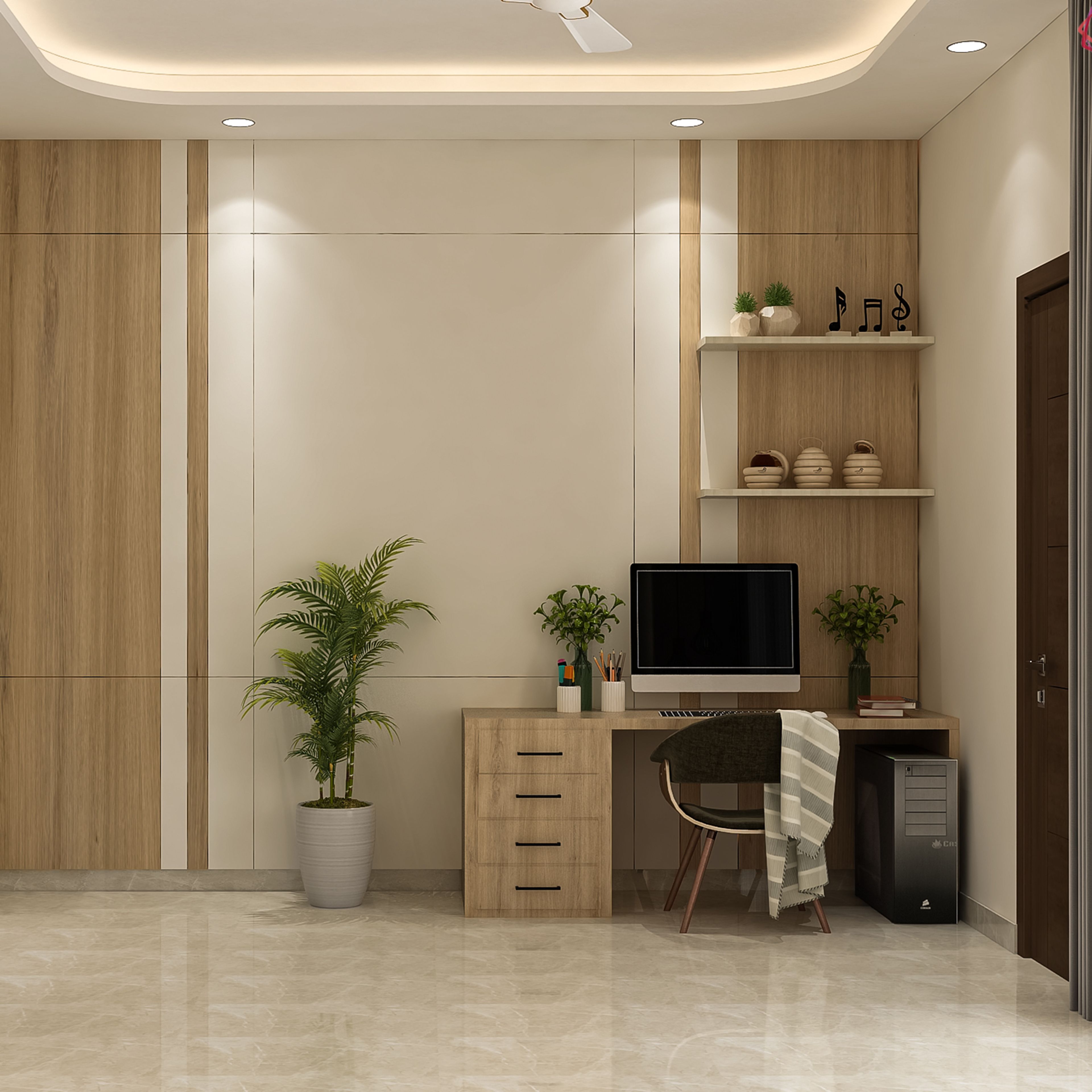 Contemporary Flooring Design with Cream Marble Look Square Tile Finish