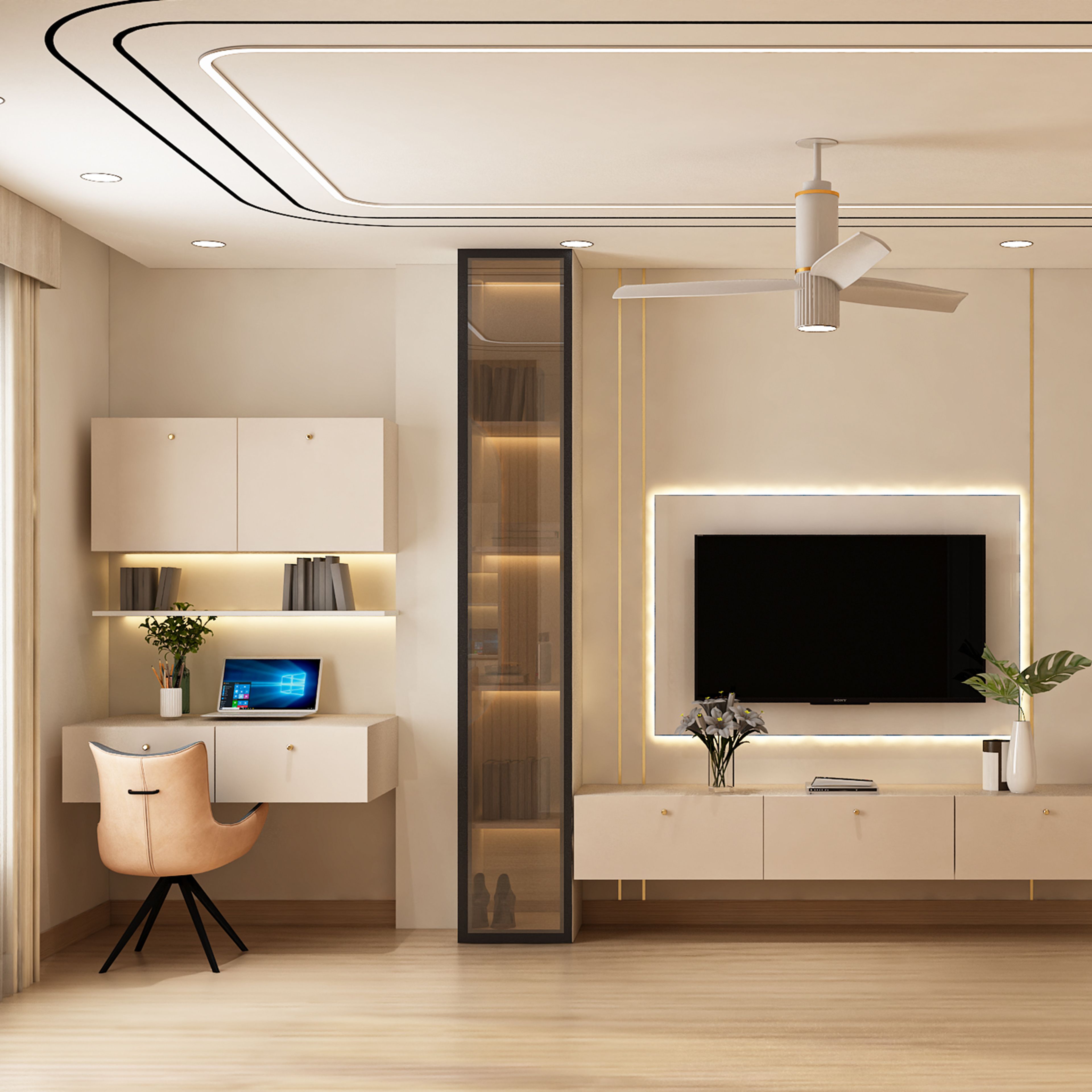 Contemporary Home Office Design with Built in Corner Desk and TV Unit