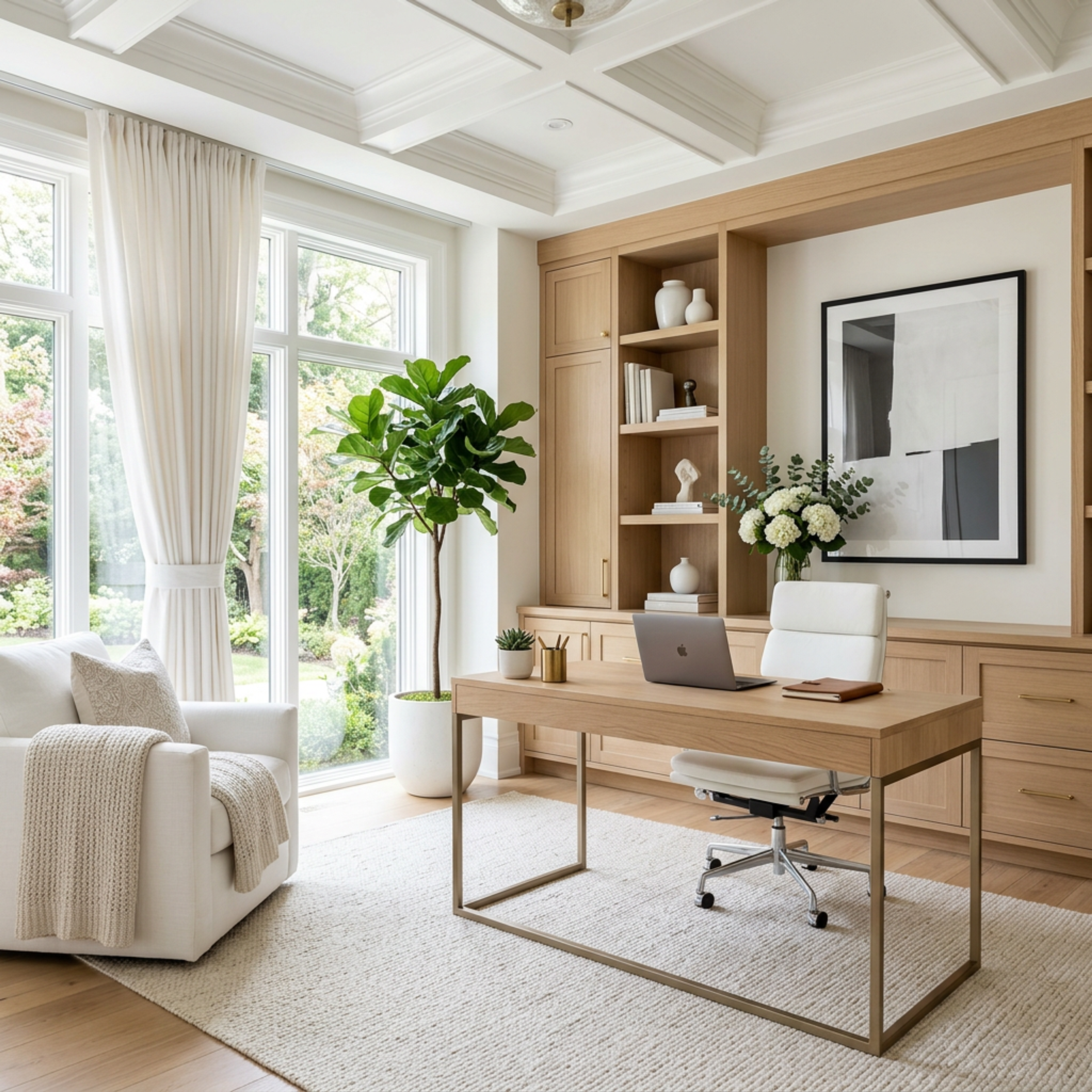Contemporary Oak Brown Home Office Design with Brass Metal Desk Frame