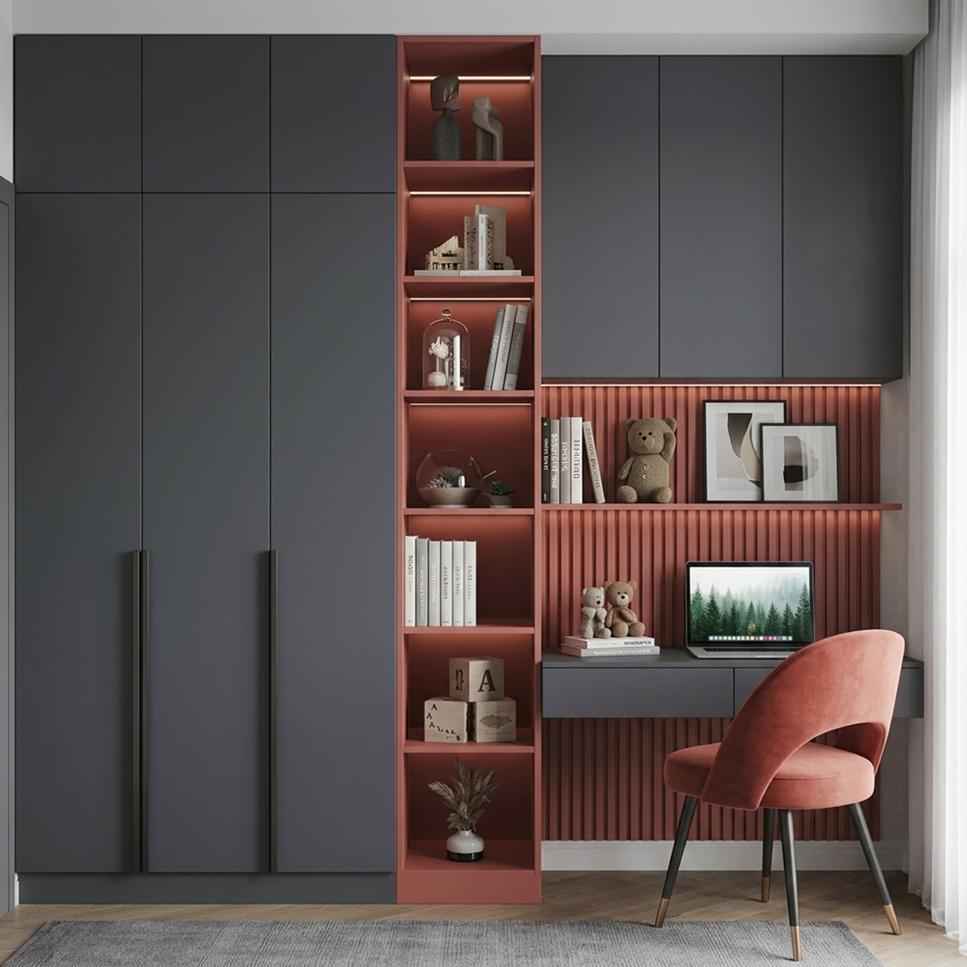 Contemporary Home Office Design with Grey and Terracotta Workstation
