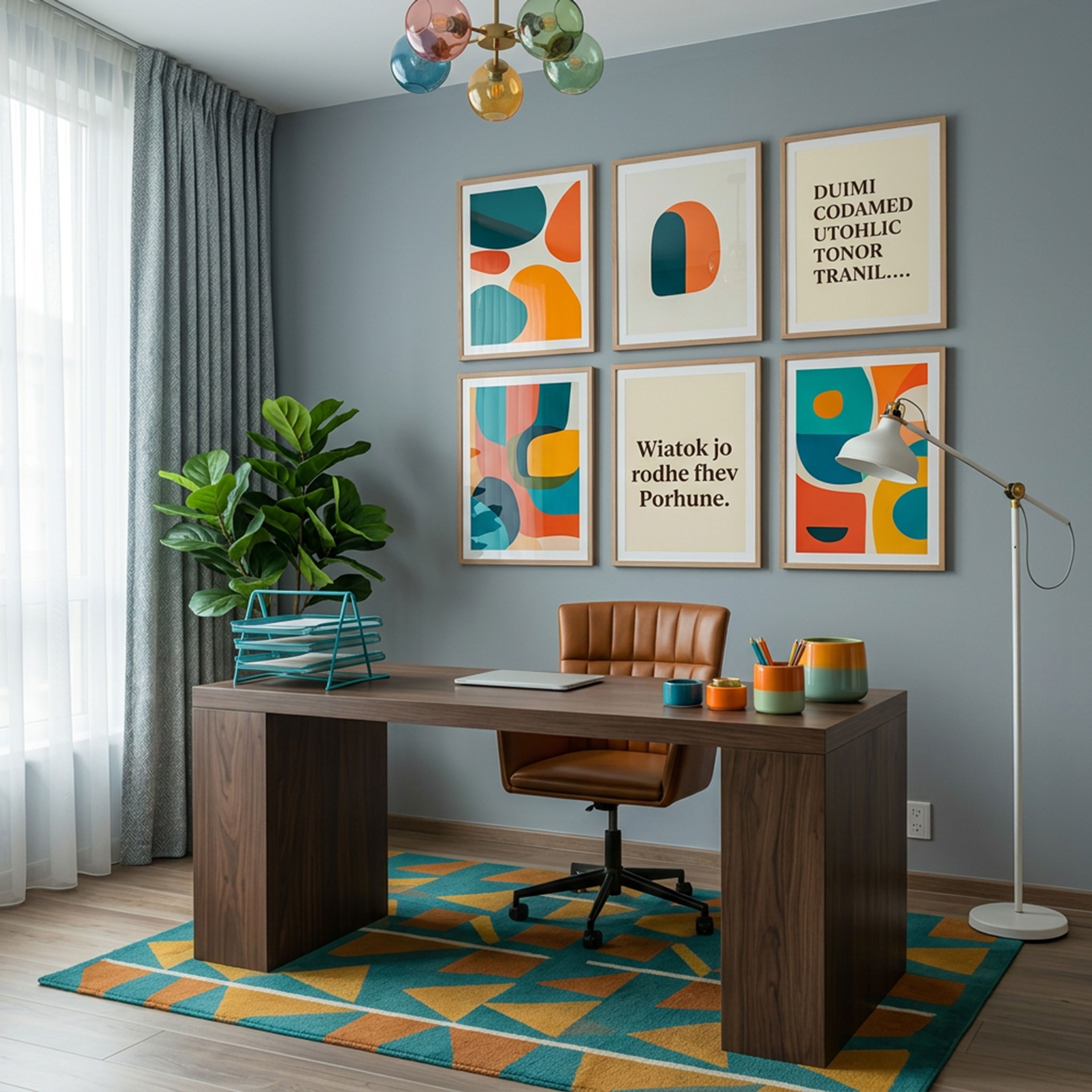 Walnut Modern Home Office Design with Blue-Gray Grid Gallery Wall Prints