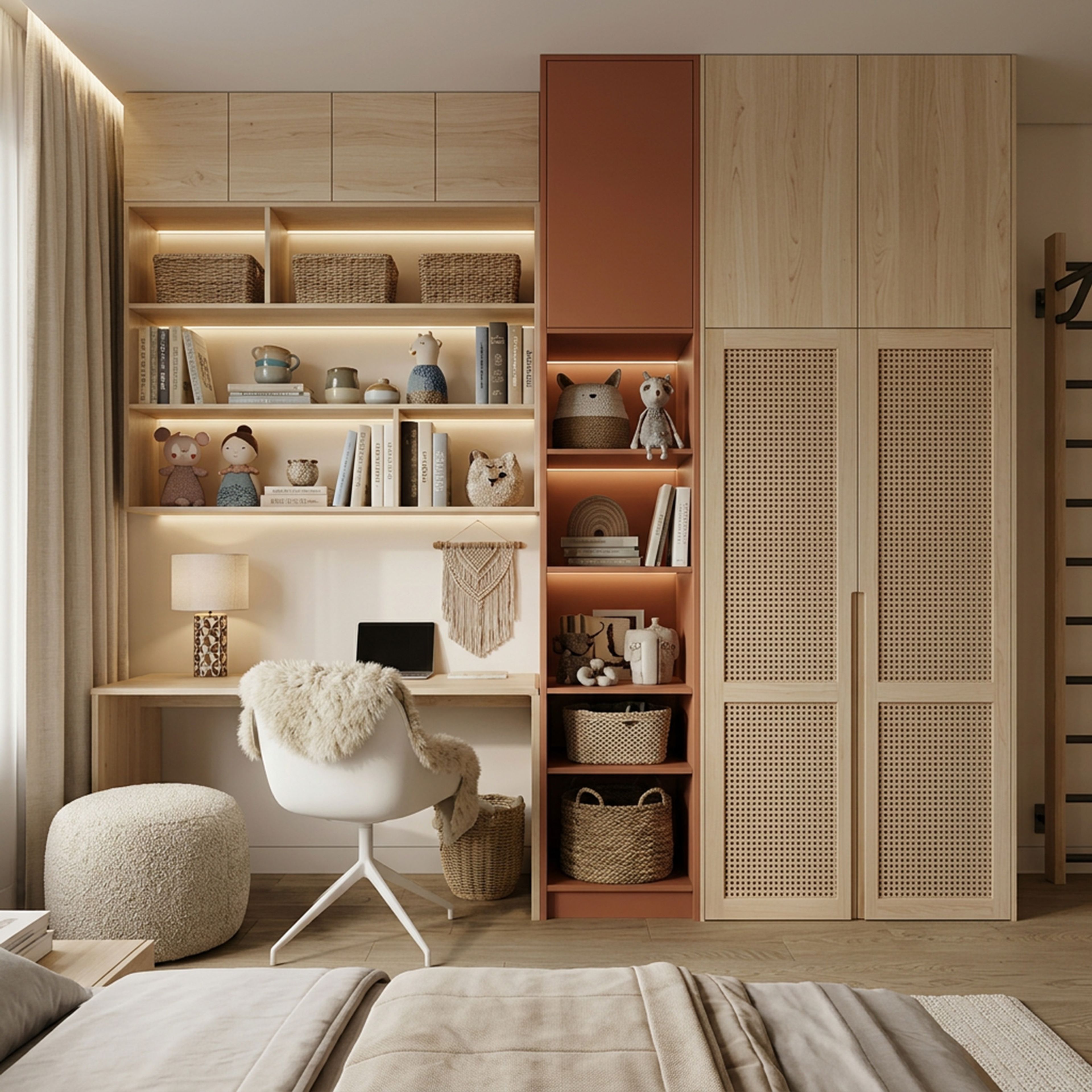 Modern Home Office Design with Terracotta Shelves and Cane Wardrobes