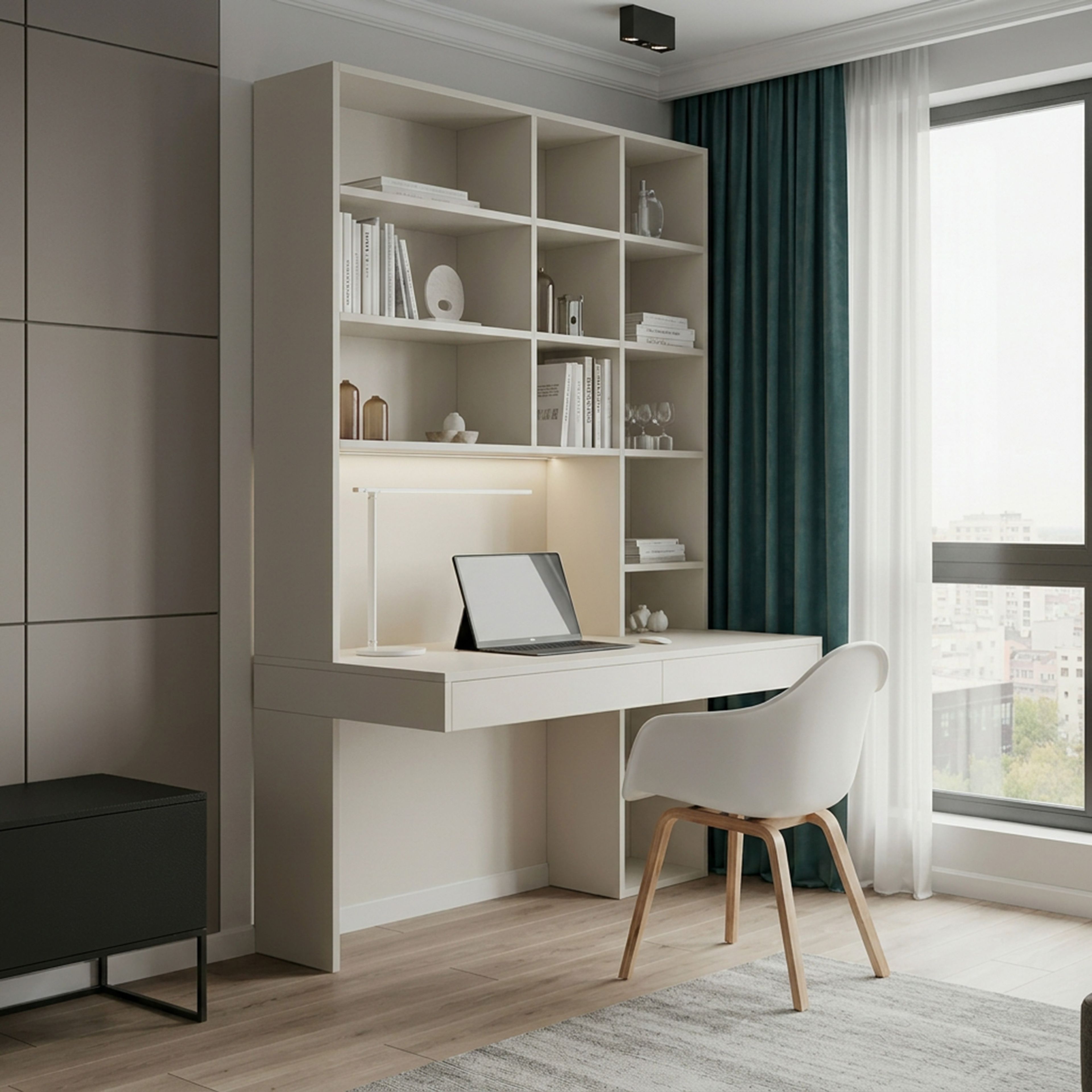 Off White Minimal Home Office Design with Dark Gray Textured Accent Walls