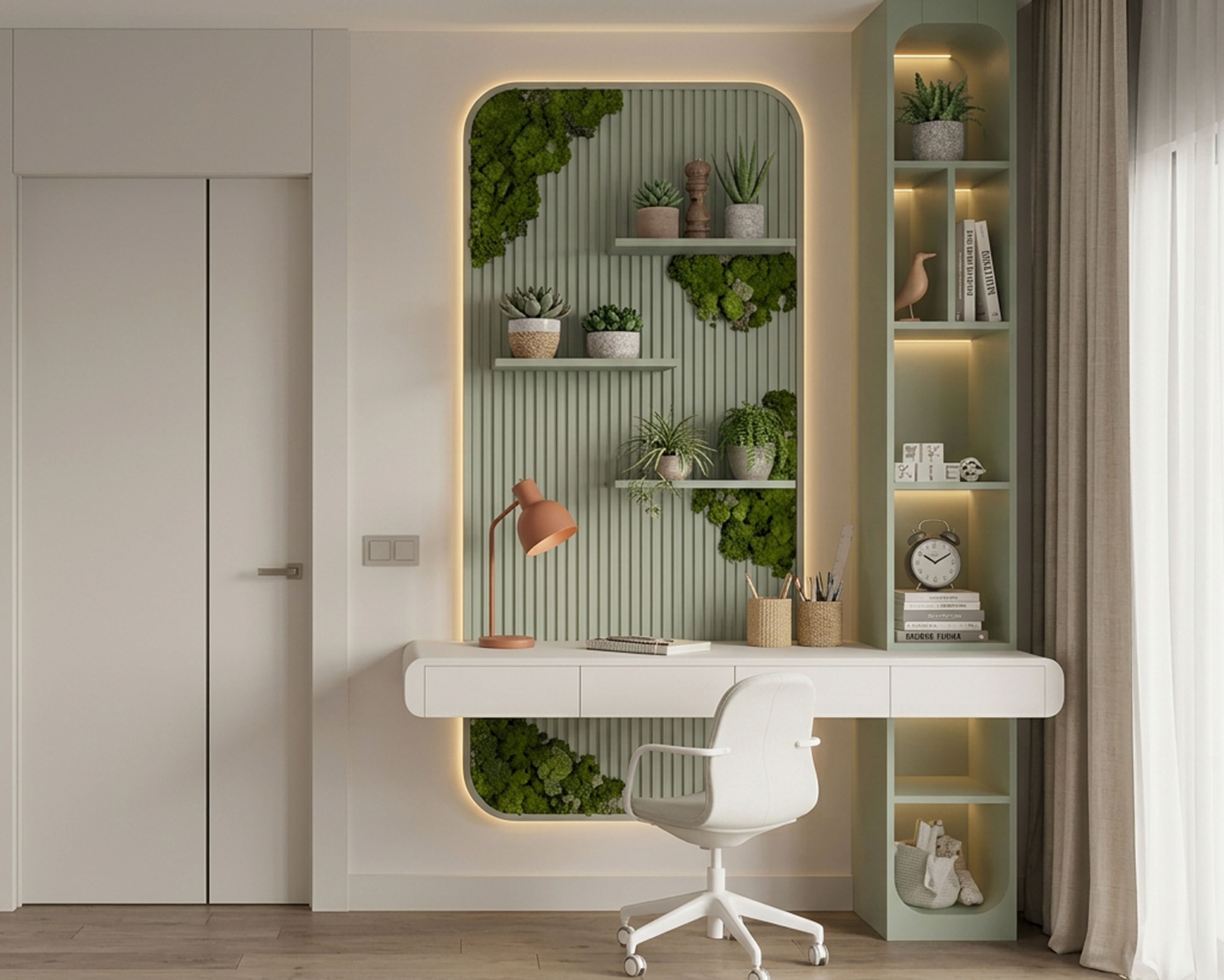 White and Sage Green Modern Home Office Design with Biophilic Living Wall Feature