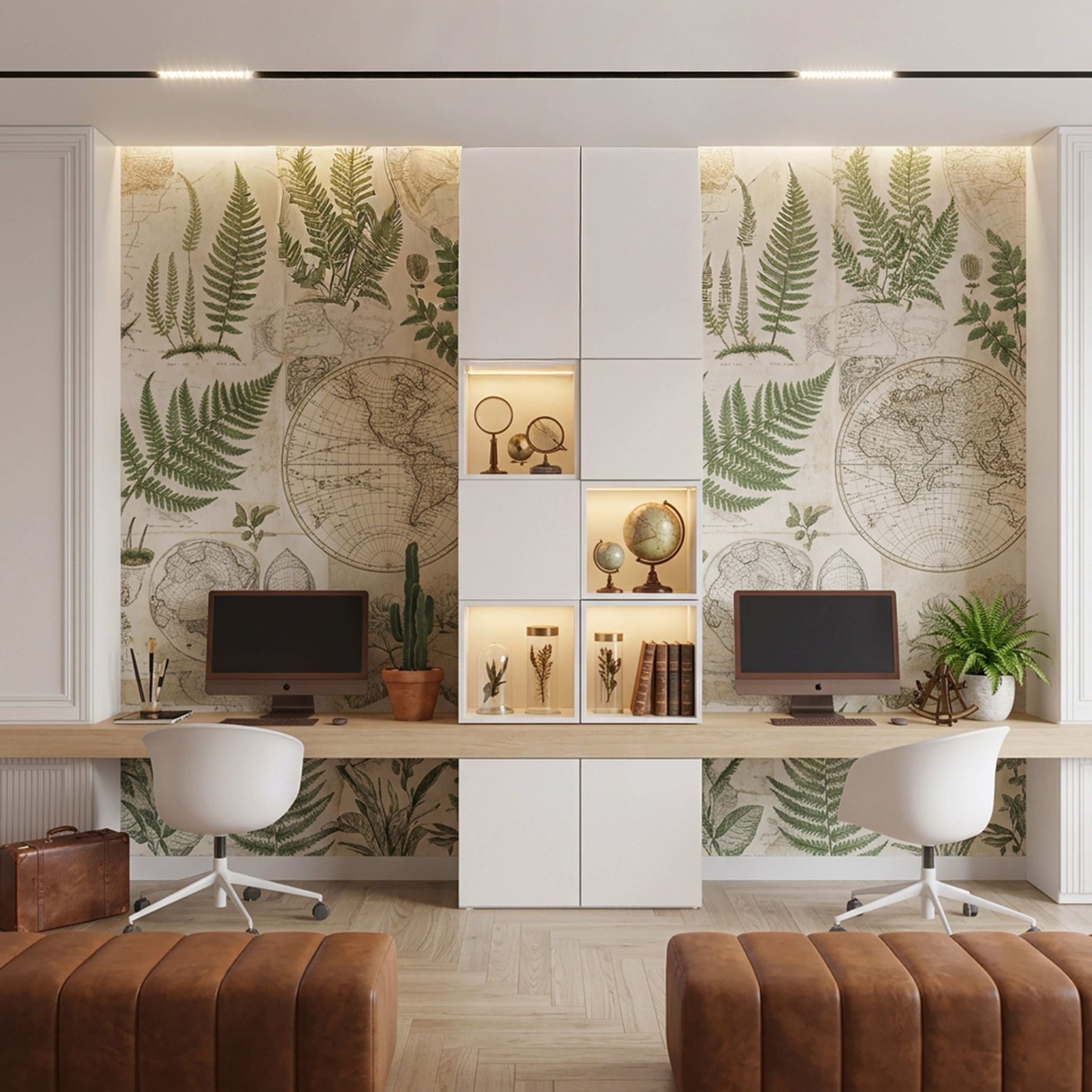Modern Home Office Design with Herringbone Floors and Illuminated Modular Shelving