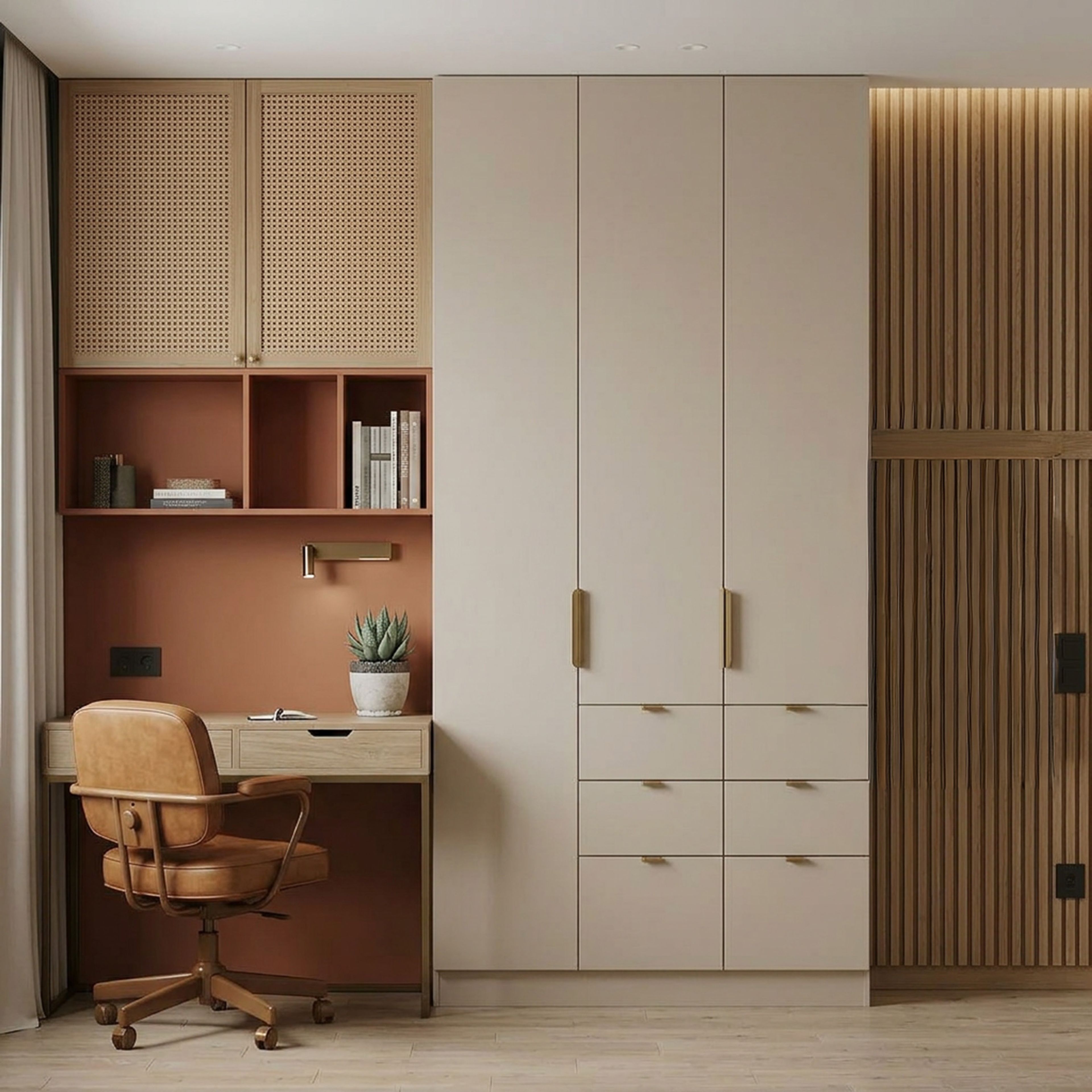 Mid Century Modern Home Office Design with Terracotta and Walnut Wardrobe