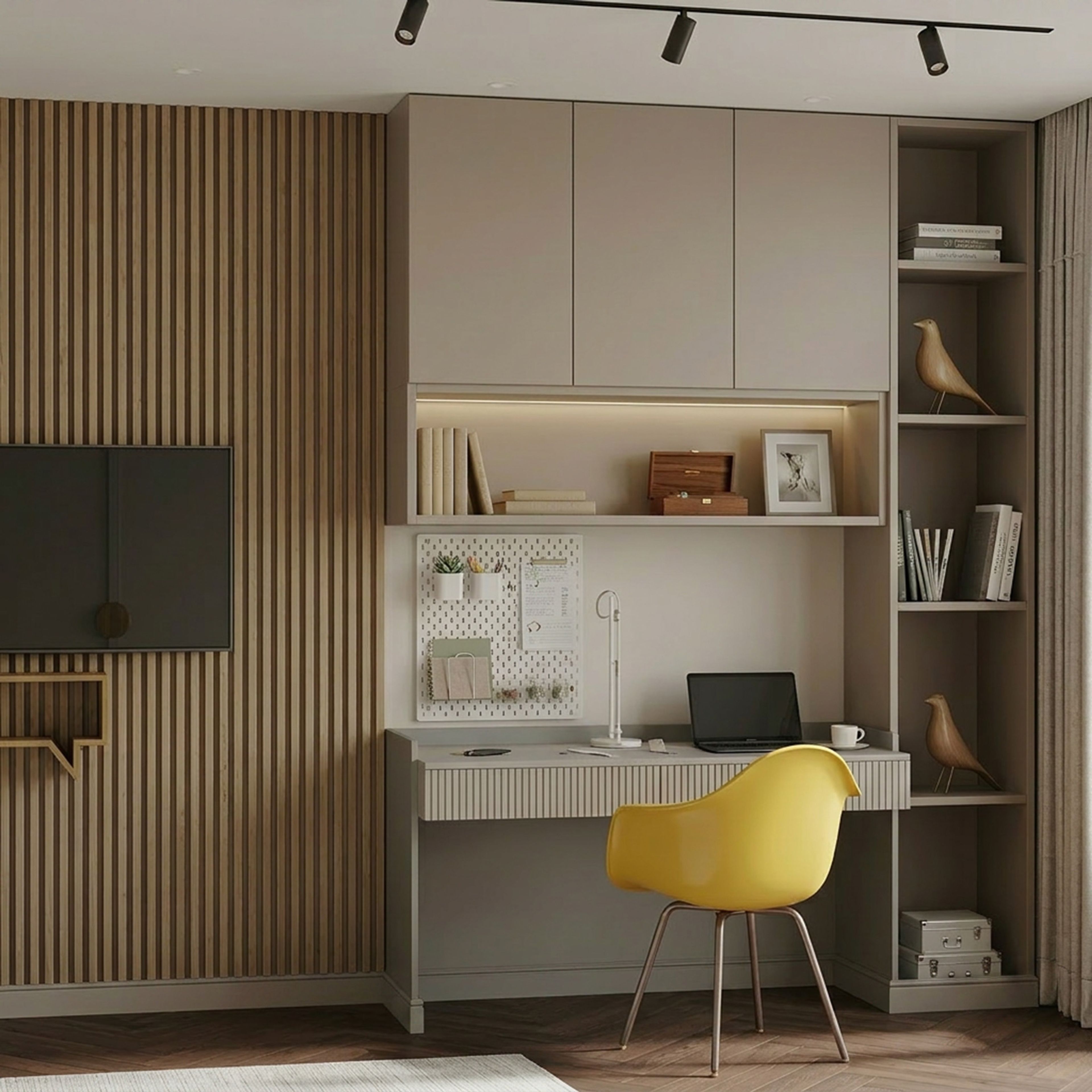 Scandinavian Home Office Design with Bright Yellow Chair and Grey Cabinets