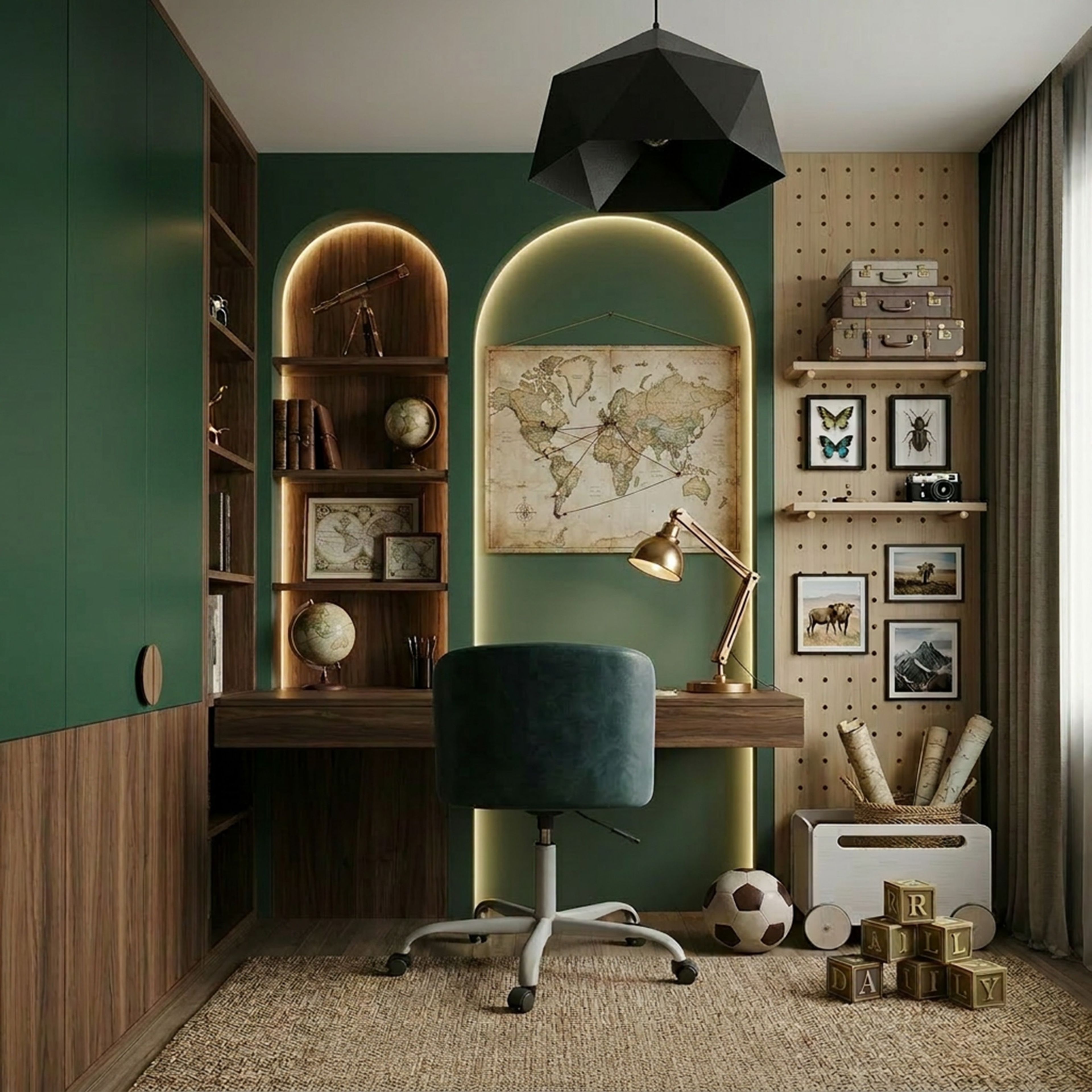 Modern Home Office Design with Arched Bookshelf and Pegboard Storage Wall