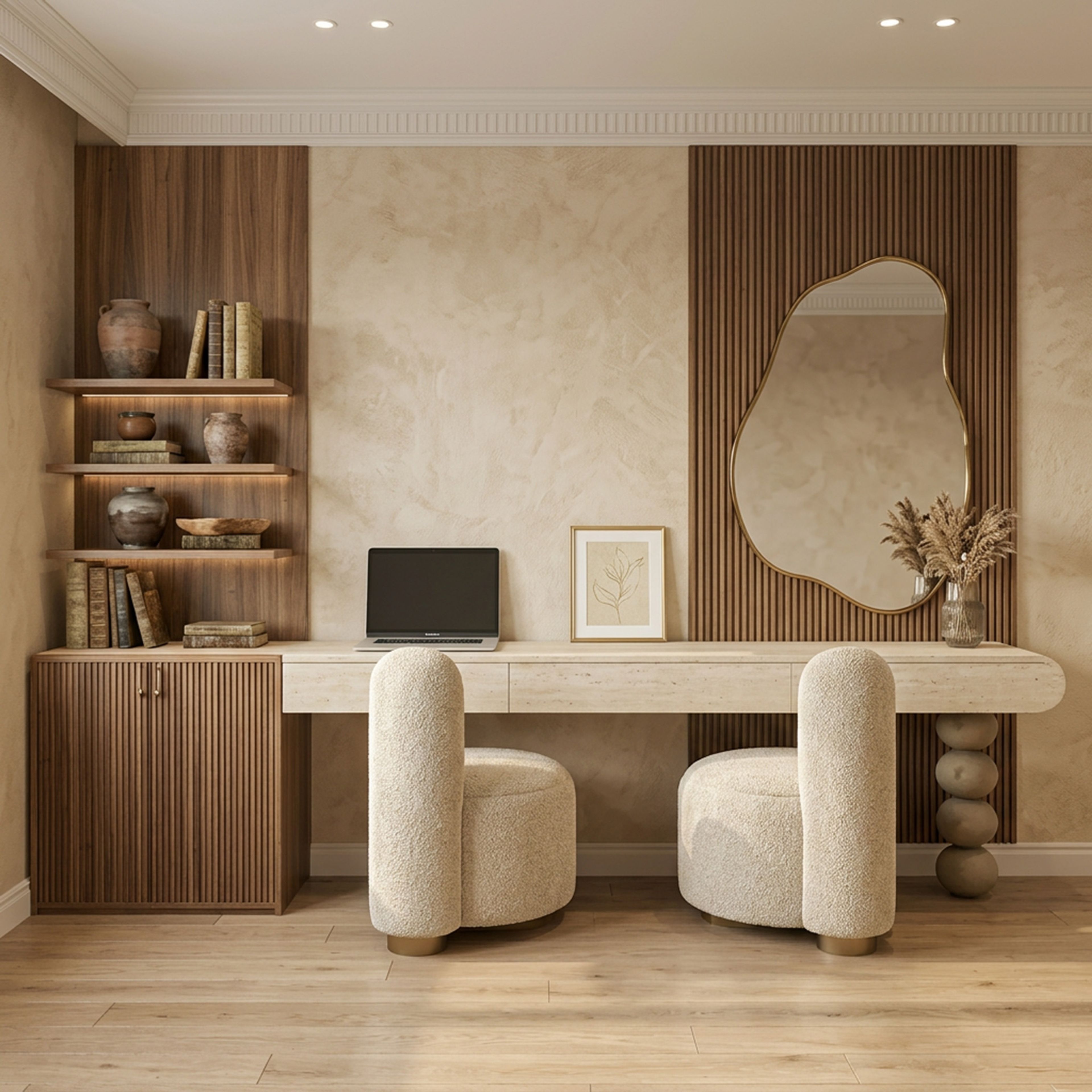 Walnut and Cream Modern Home Office Design with Irregular Gold Framed Mirror Panels