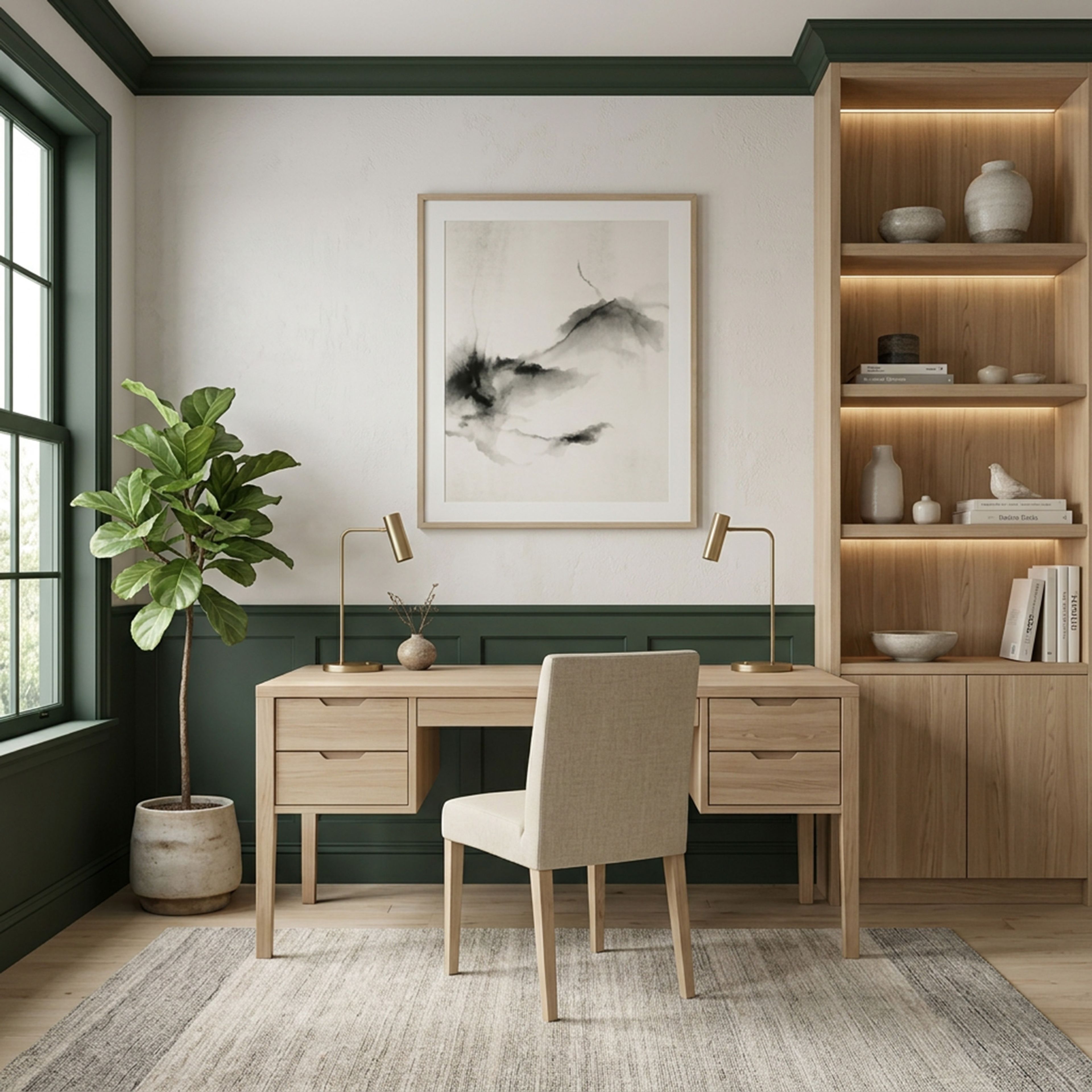 Transitional Home Office Design with Dark Green Wainscoting Accent Walls