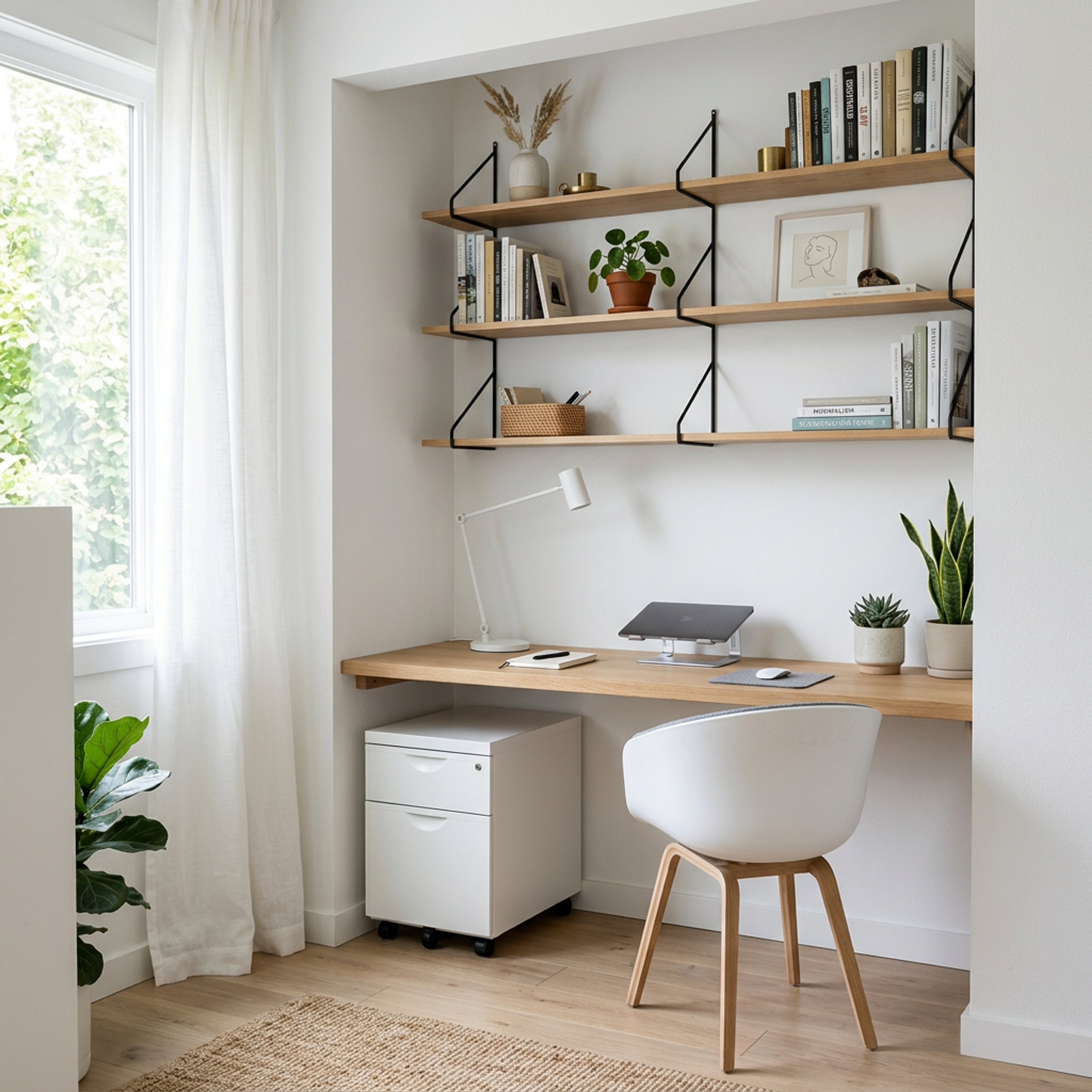 Minimal Home Office Design with Black Metal Architectural Shelf Brackets