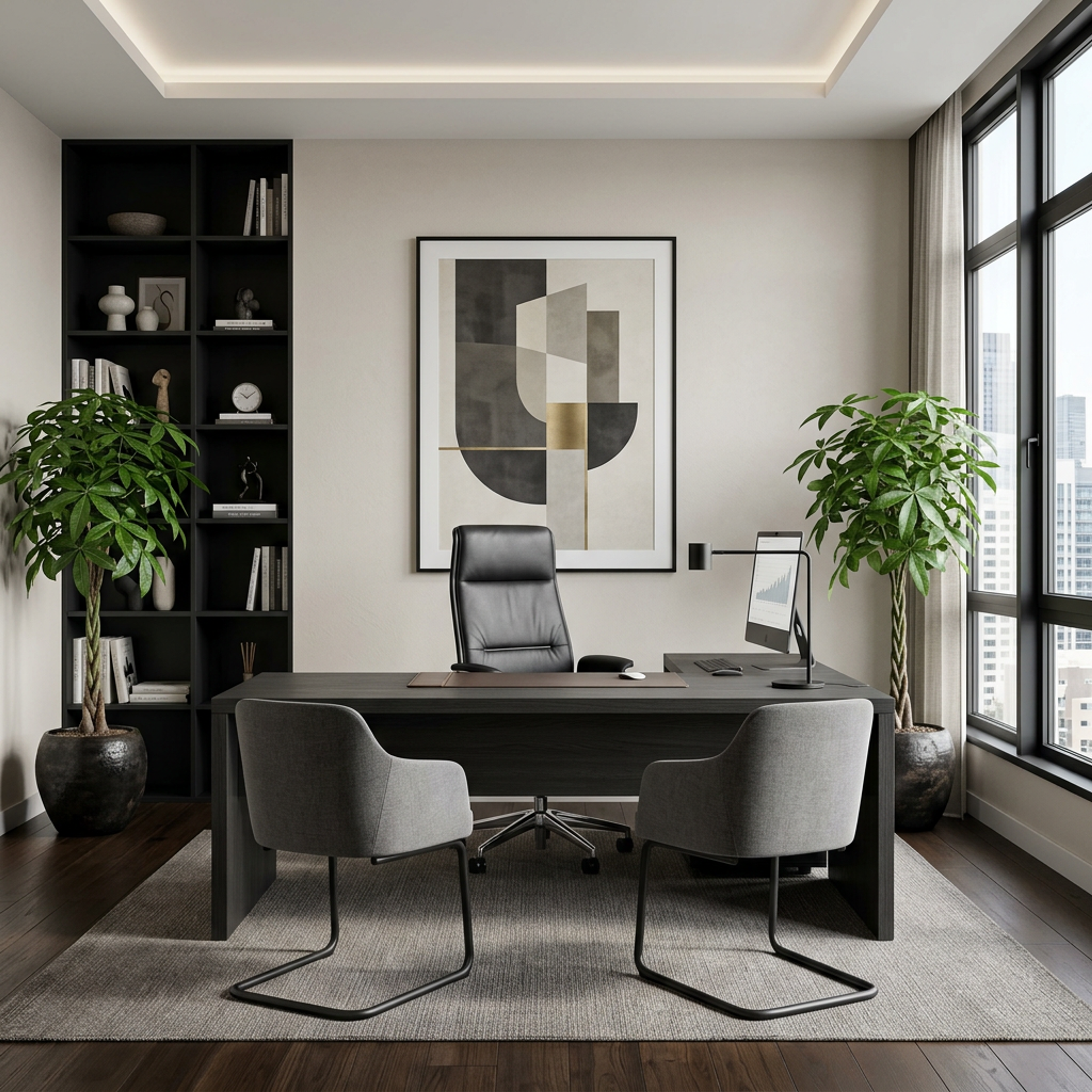 Modern Home Office Design with Dark Charcoal Executive Desk Setup