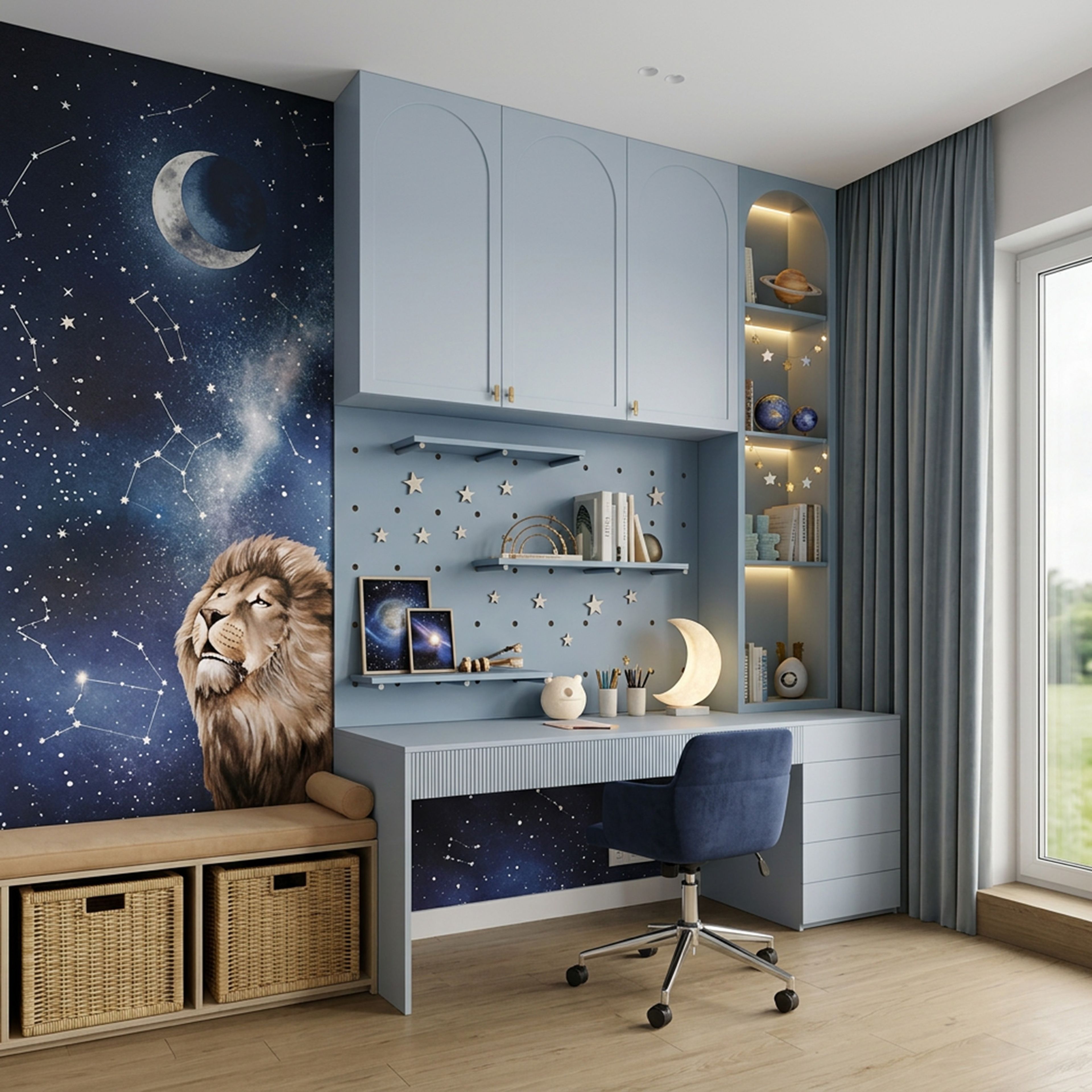 Pastel Blue Contemporary Home Office Design with Study Desk and Themed Wall Storage