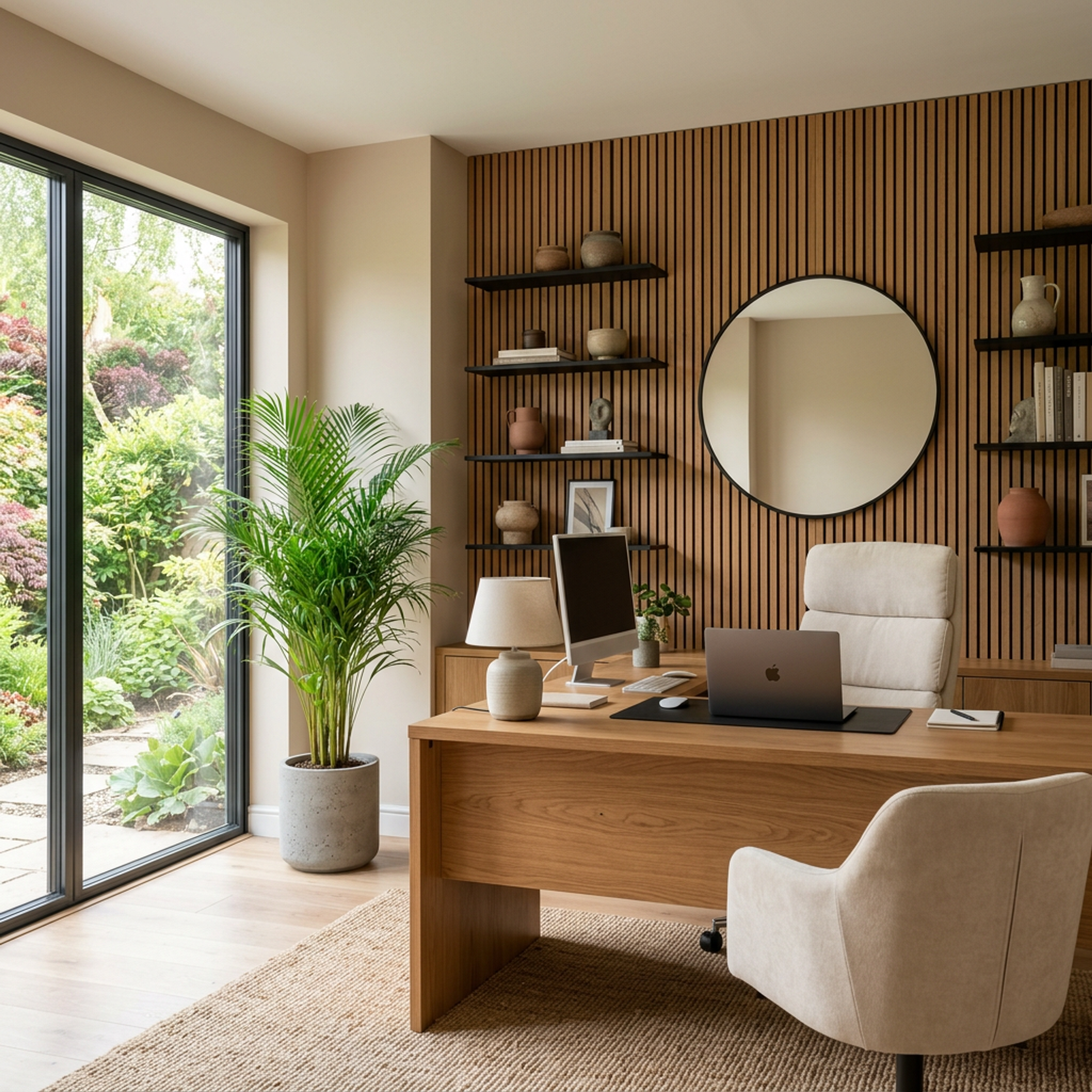 Contemporary Oak Brown Home Office Design with Wall Mounted Floating Shelves