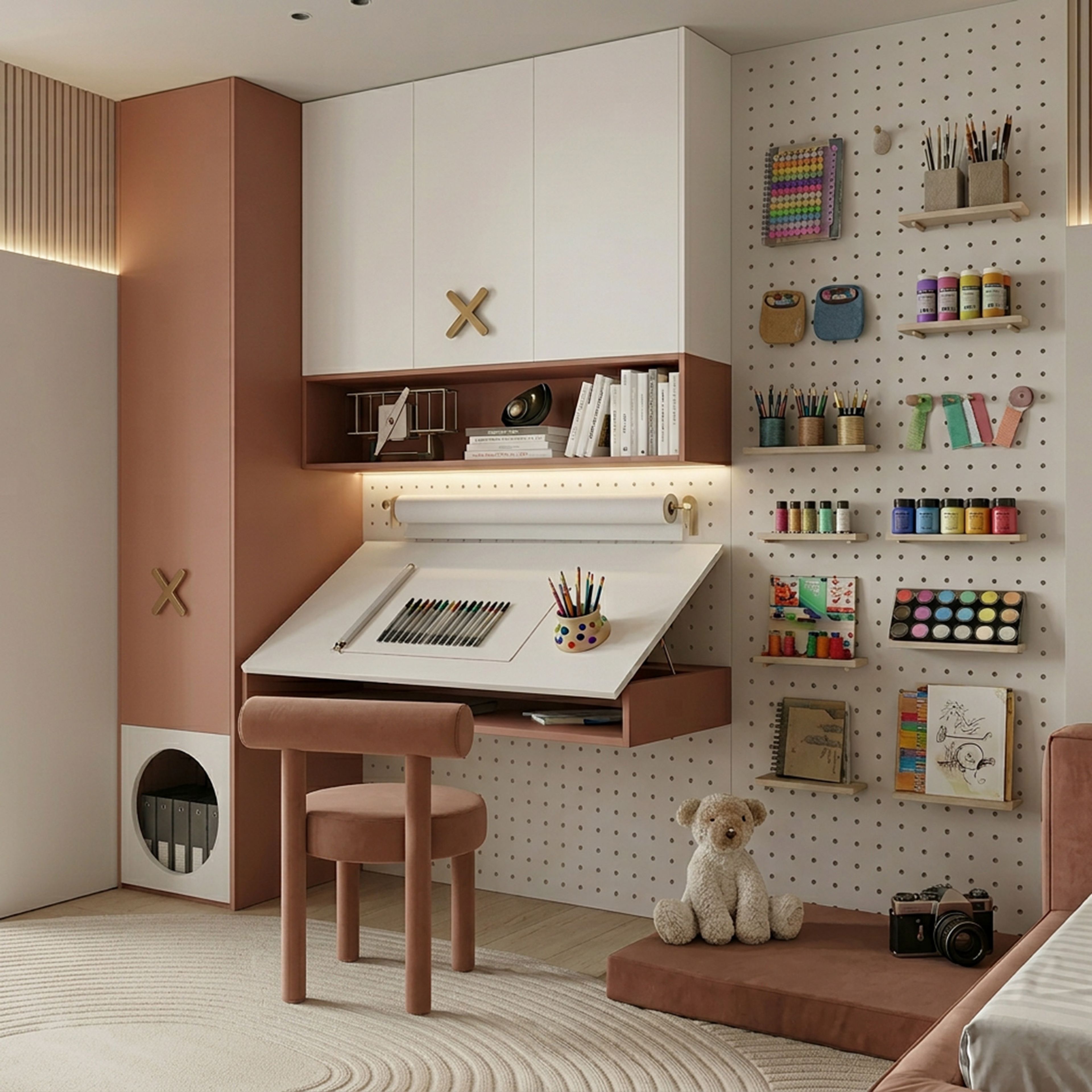 Peach and White Modern Home Office Design with Study Desk and Pegboard Storage