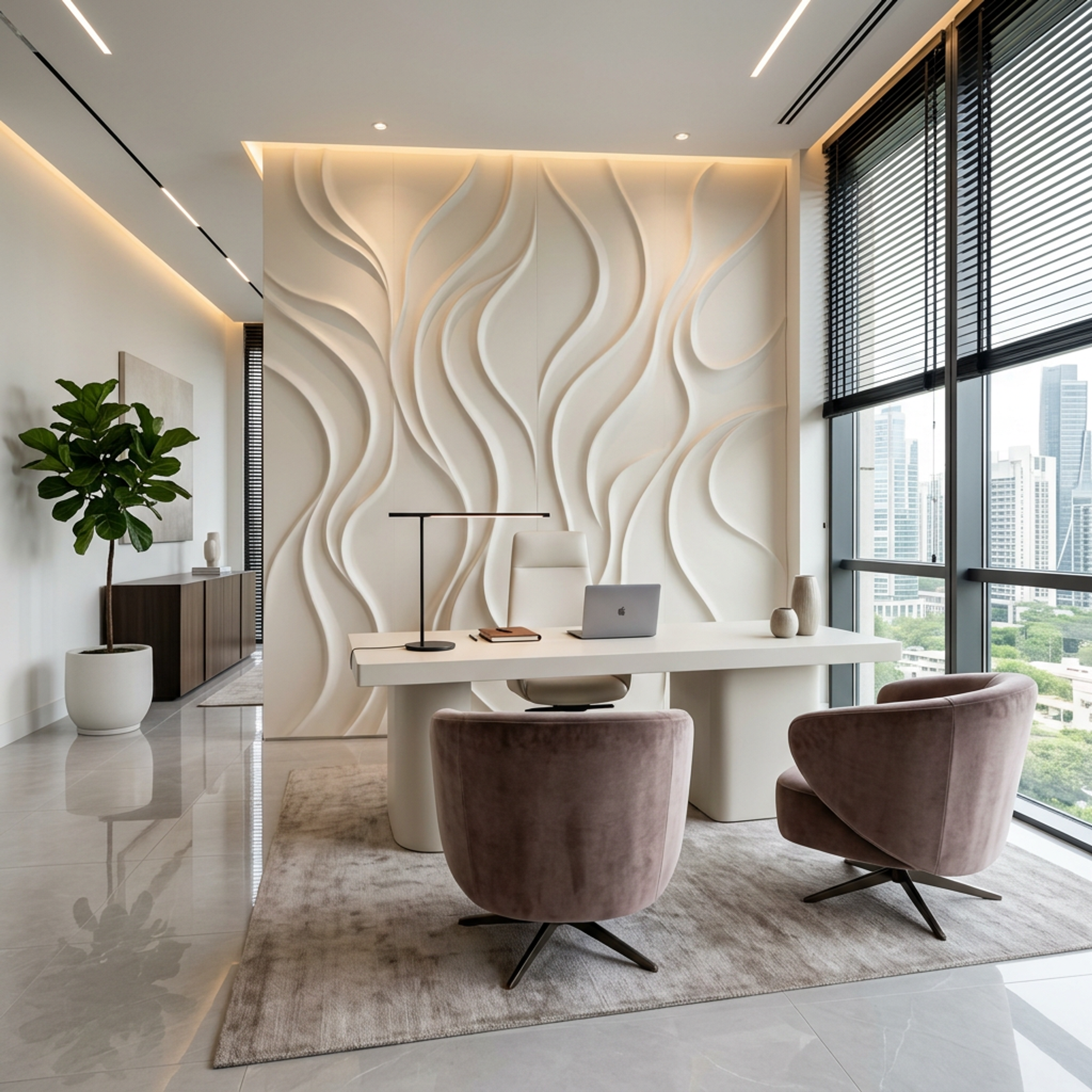Contemporary Cream Home Office Design with Wavy Sculptural Accent Wall