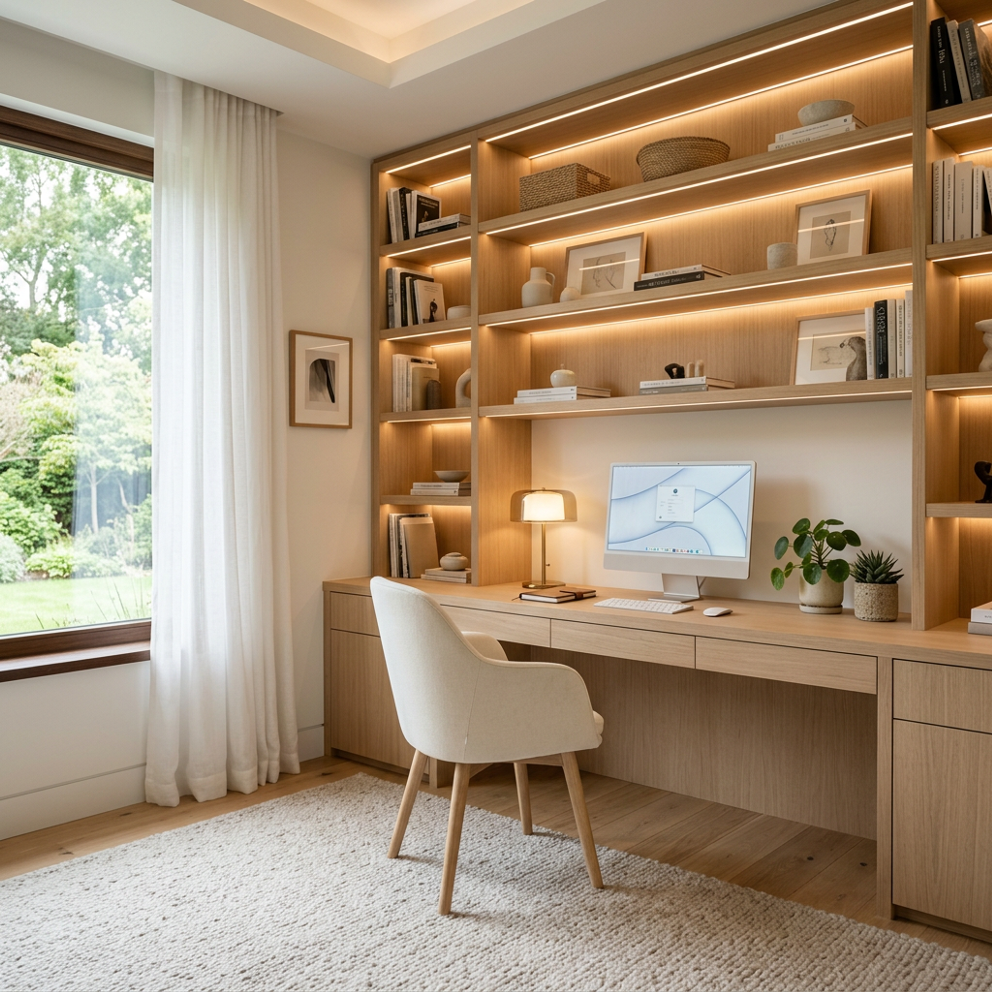 Oak Brown Modern Home Office Design with Floor To Ceiling Built In Shelving
