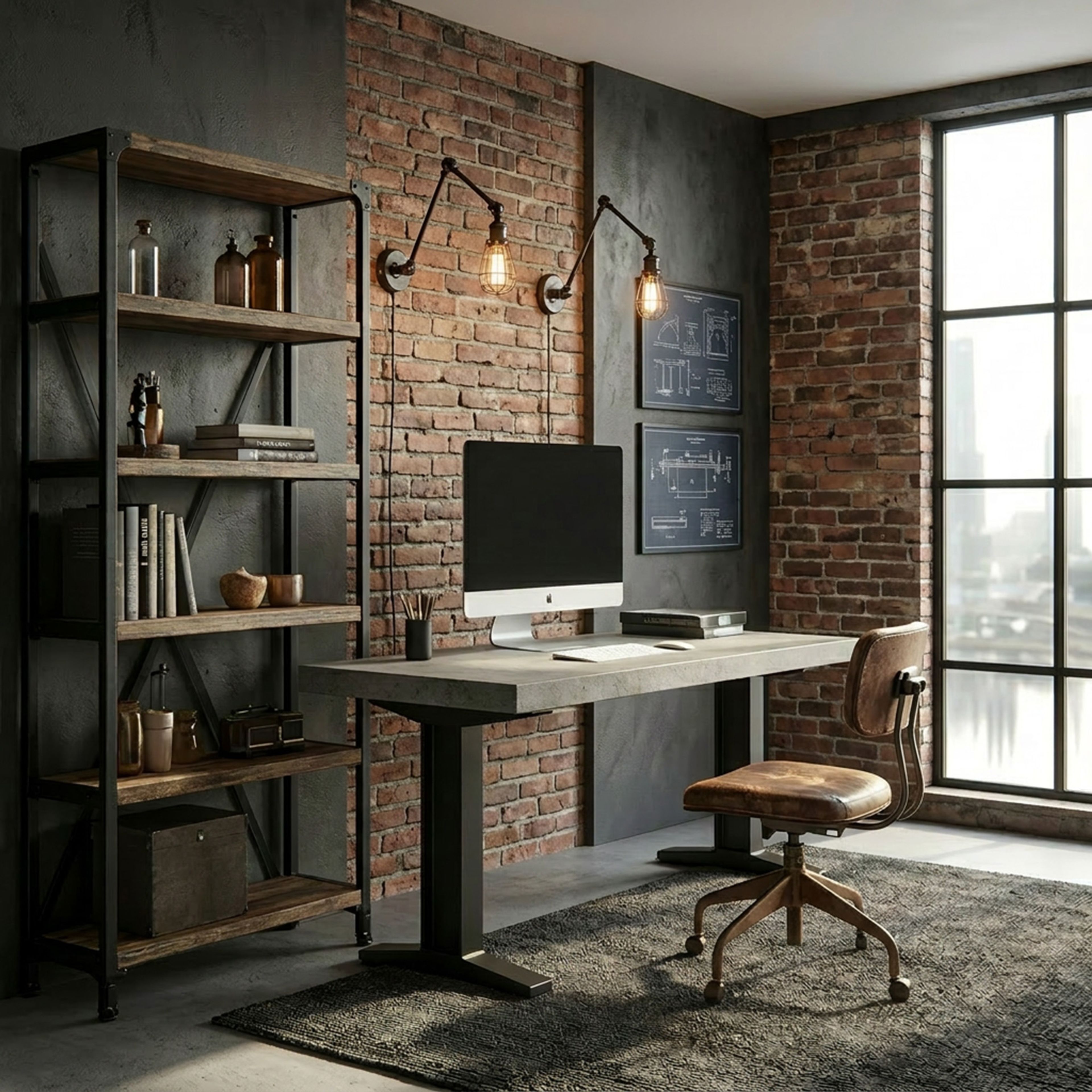 Wood and Charcoal Home Office Design with Industrial Desk and Open Shelving