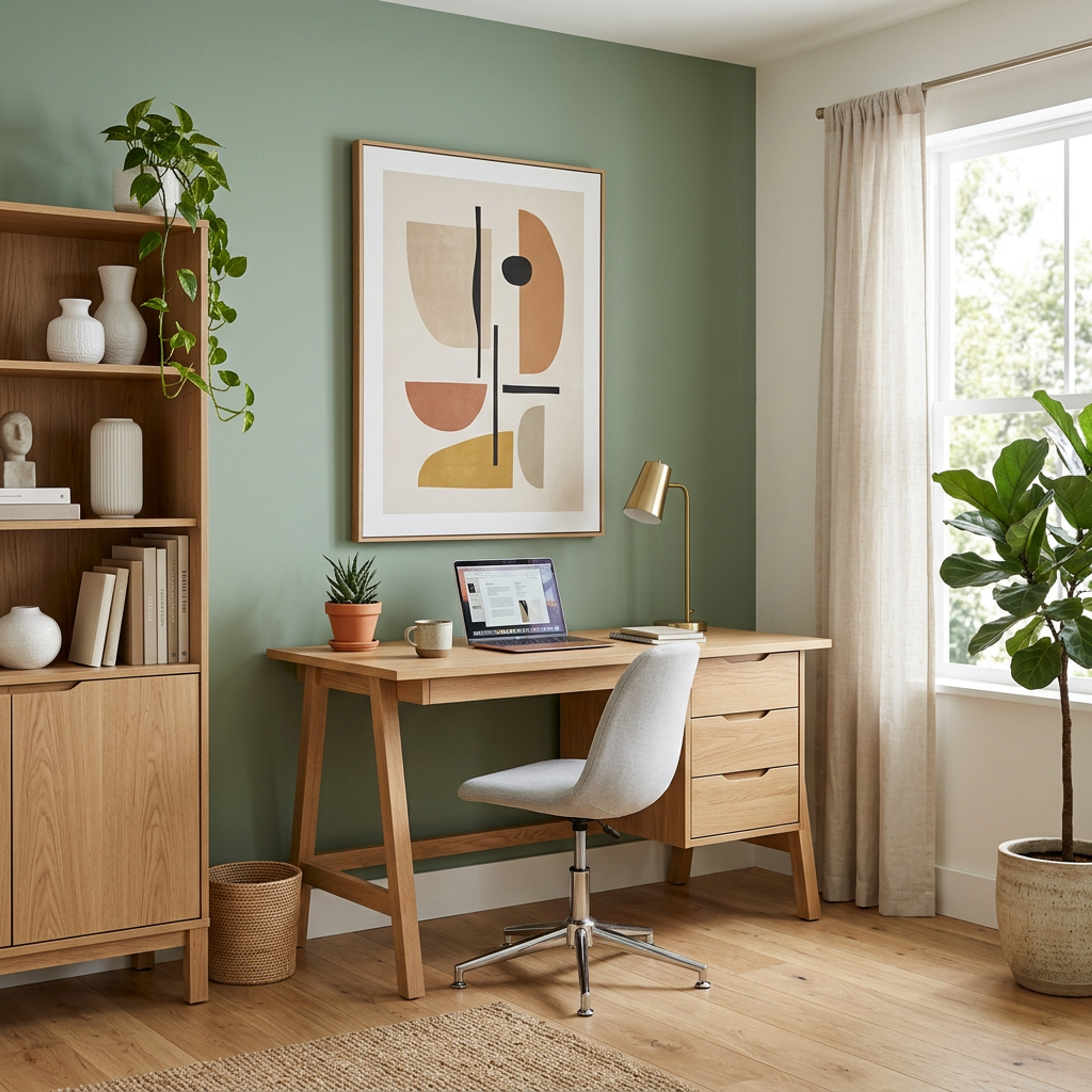 Contemporary Home Office Design with Oak Brown Frame Writing Desk