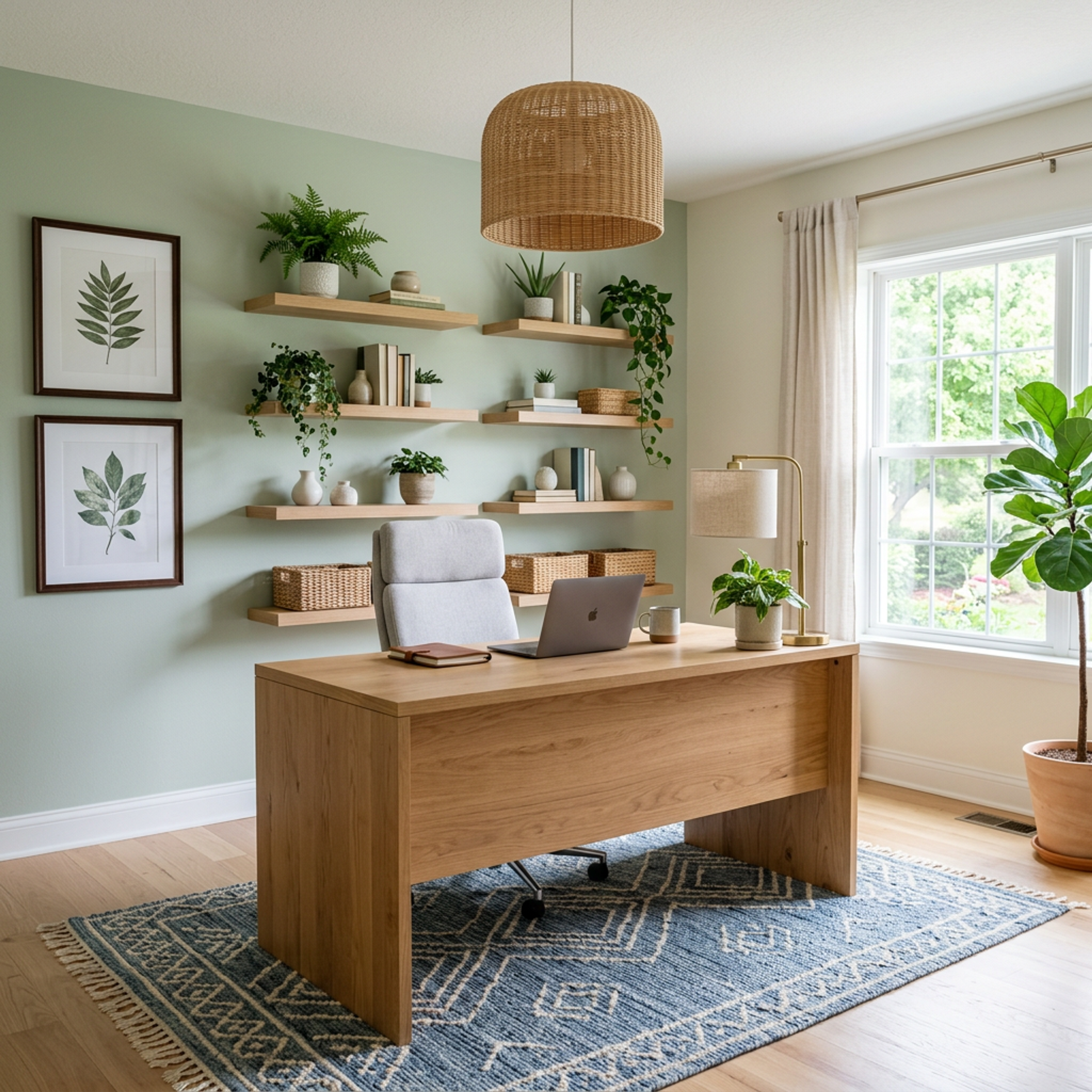Oak Brown Modern Home Office Design with Woven Rattan Dome Pendant
