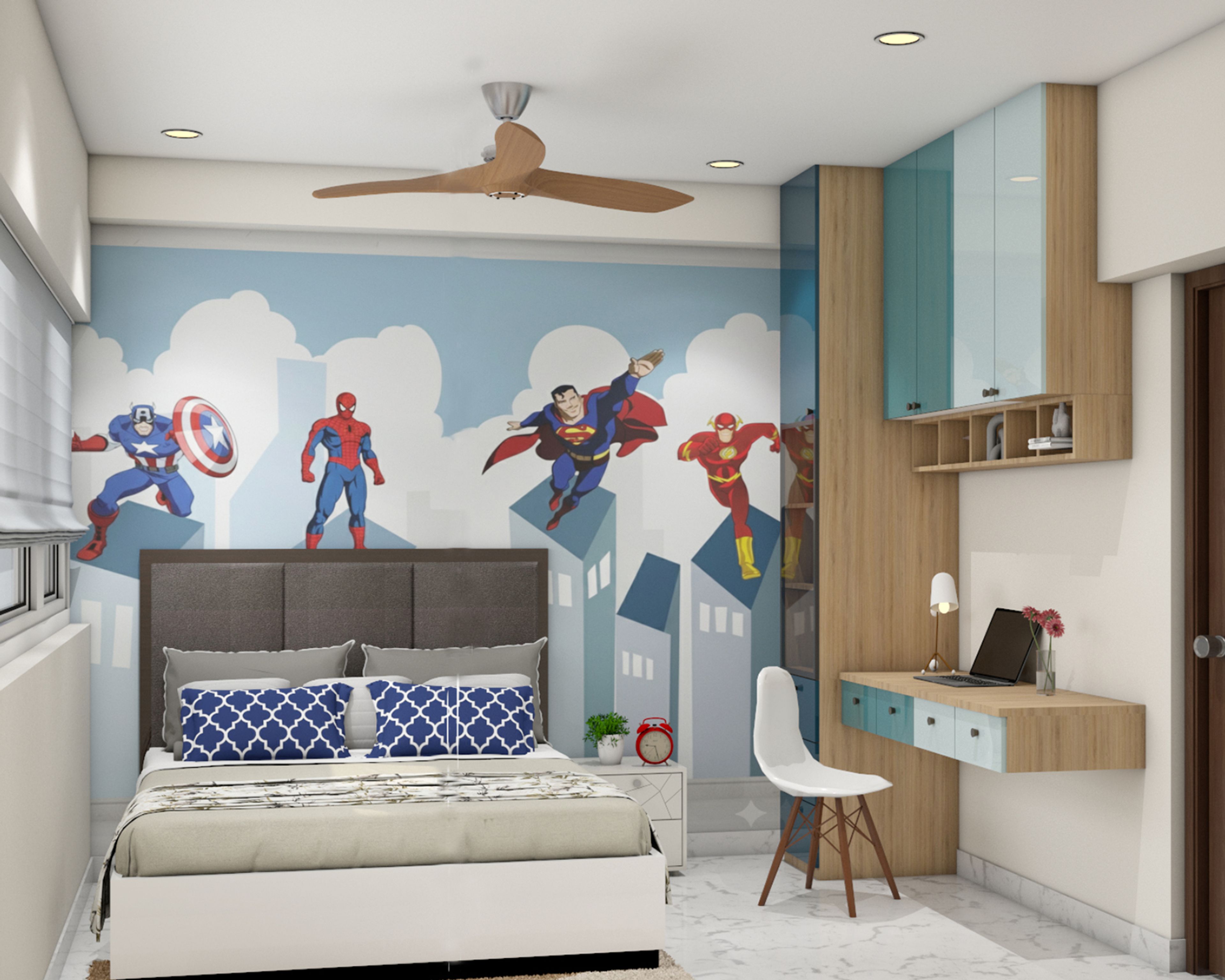 Kids Bedroom Contemporary Wallpaper Design with Superhero Theme and Action Mural