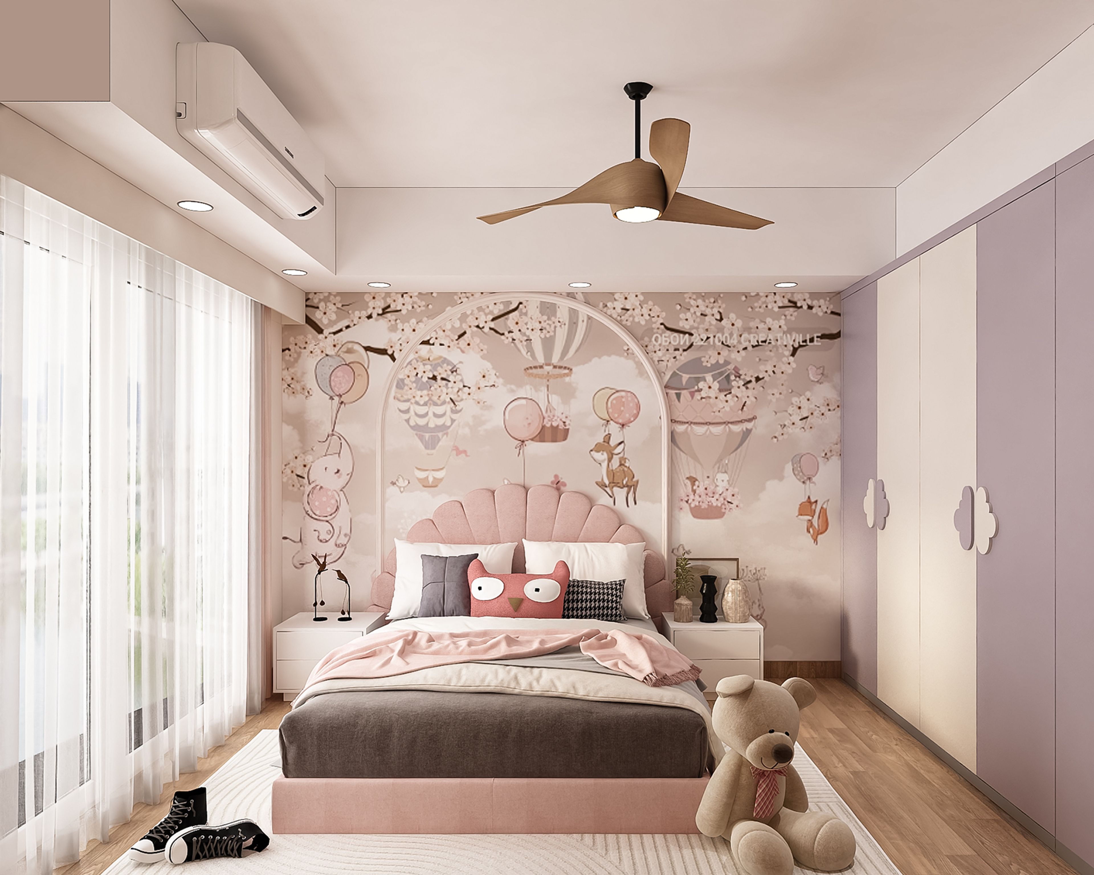 Pink Lavender and White Kids Bedroom Wallpaper Design with Fantasy Theme