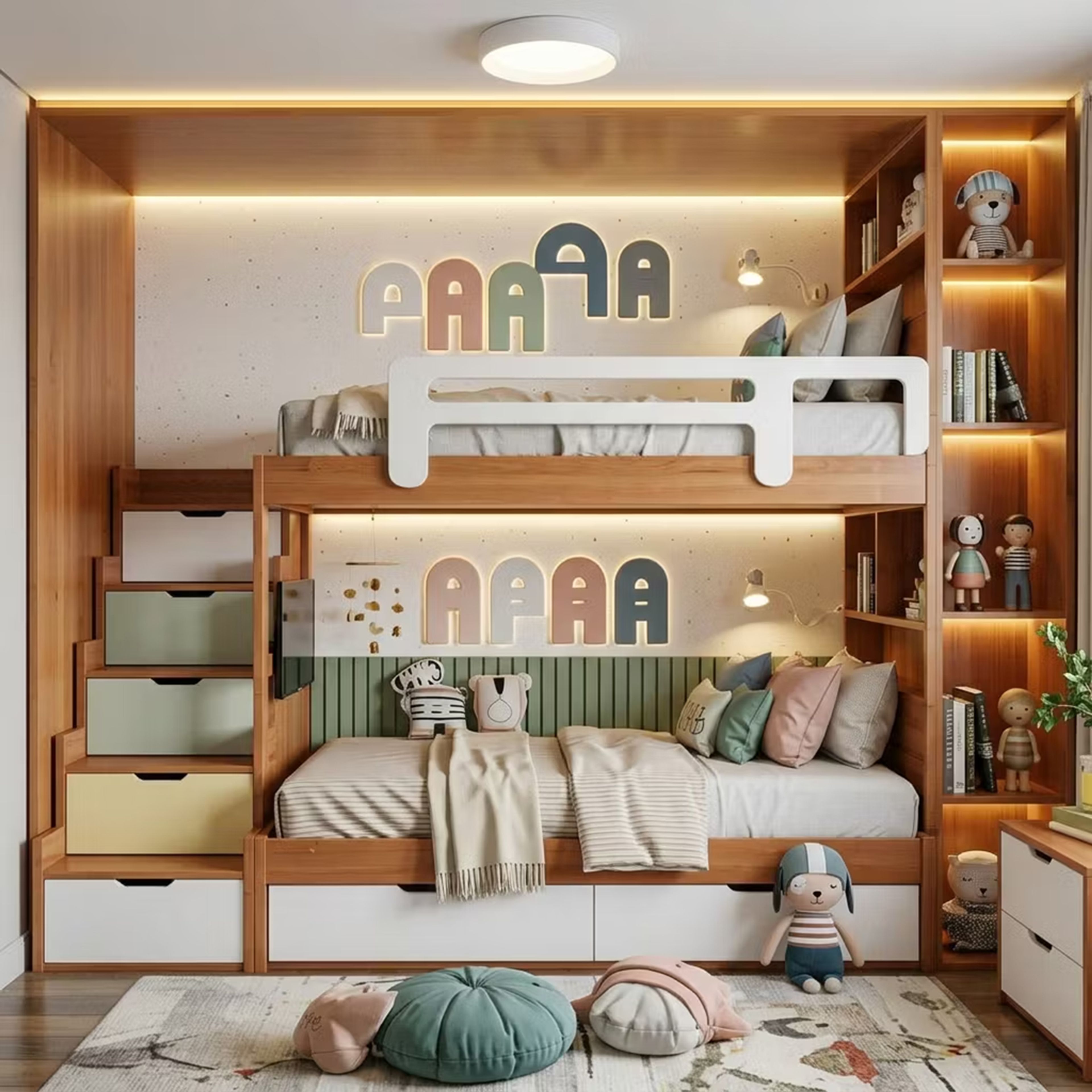Scandinavian Kids Bedroom Design with Wooden Bunk Bed and Sage Green Slat Paneling