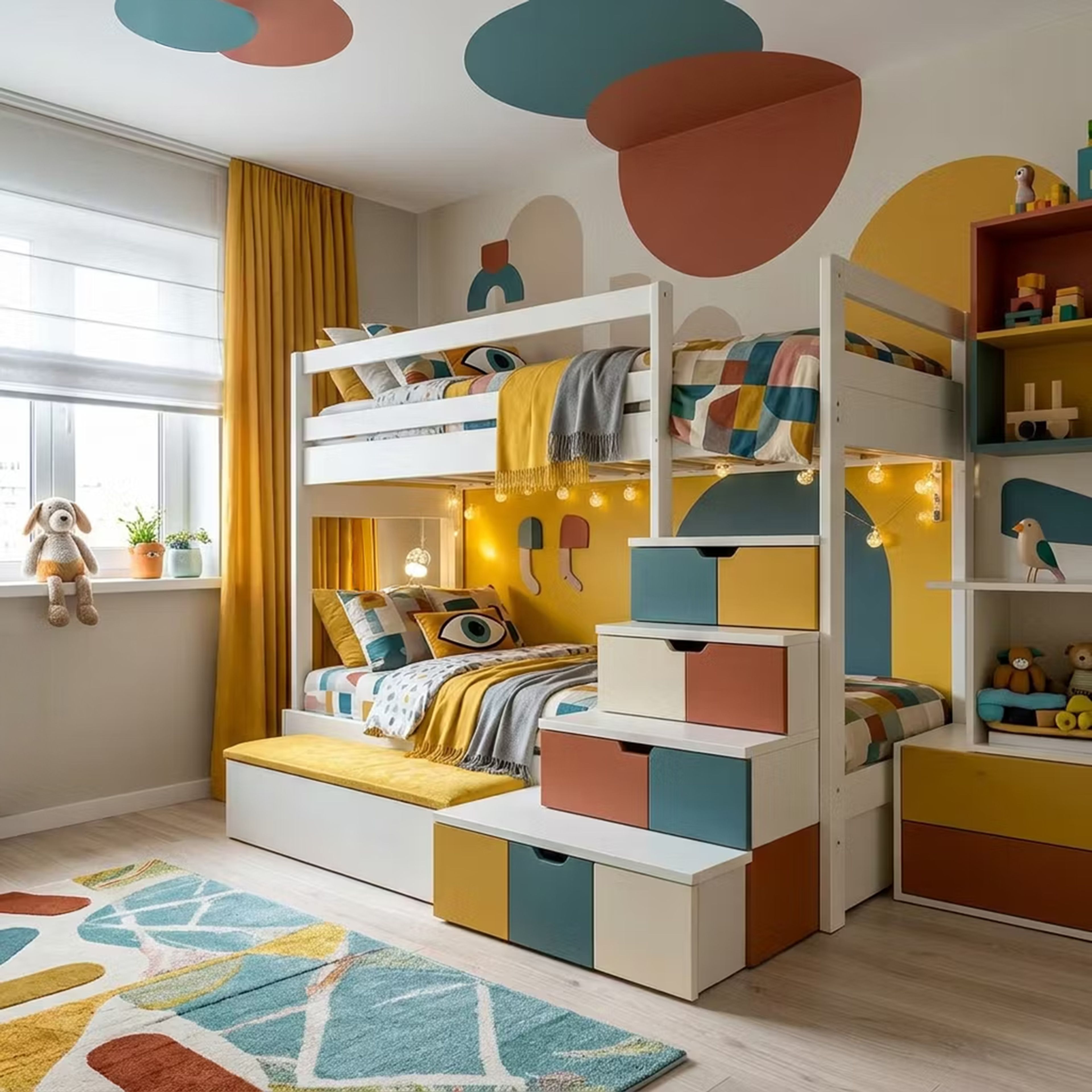 Scandinavian Kids Bedroom Design with Geometric Wall Mural and White Bunk Bed