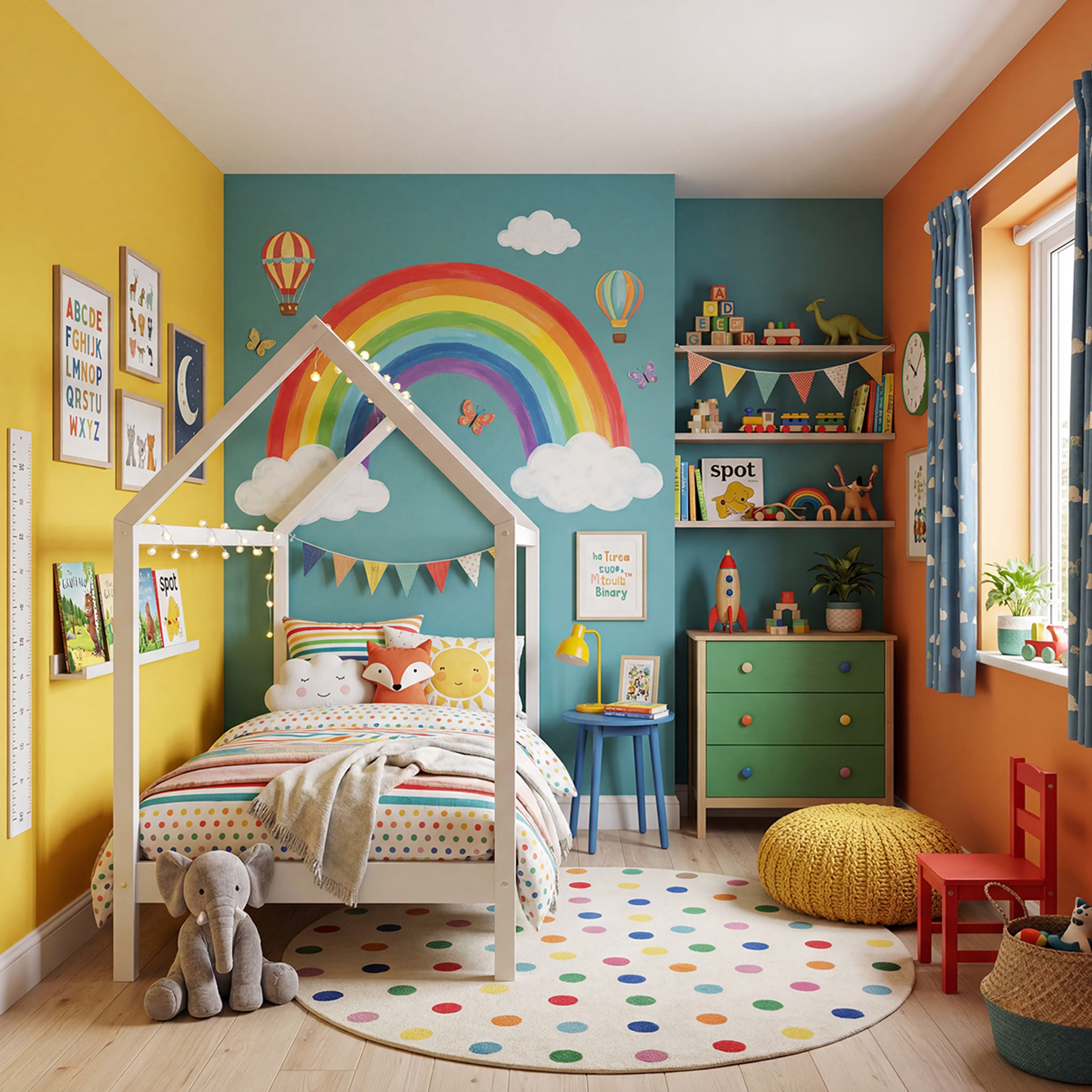 Modern Eclectic Wallpaper Design with Hand Painted Rainbow Mural Art