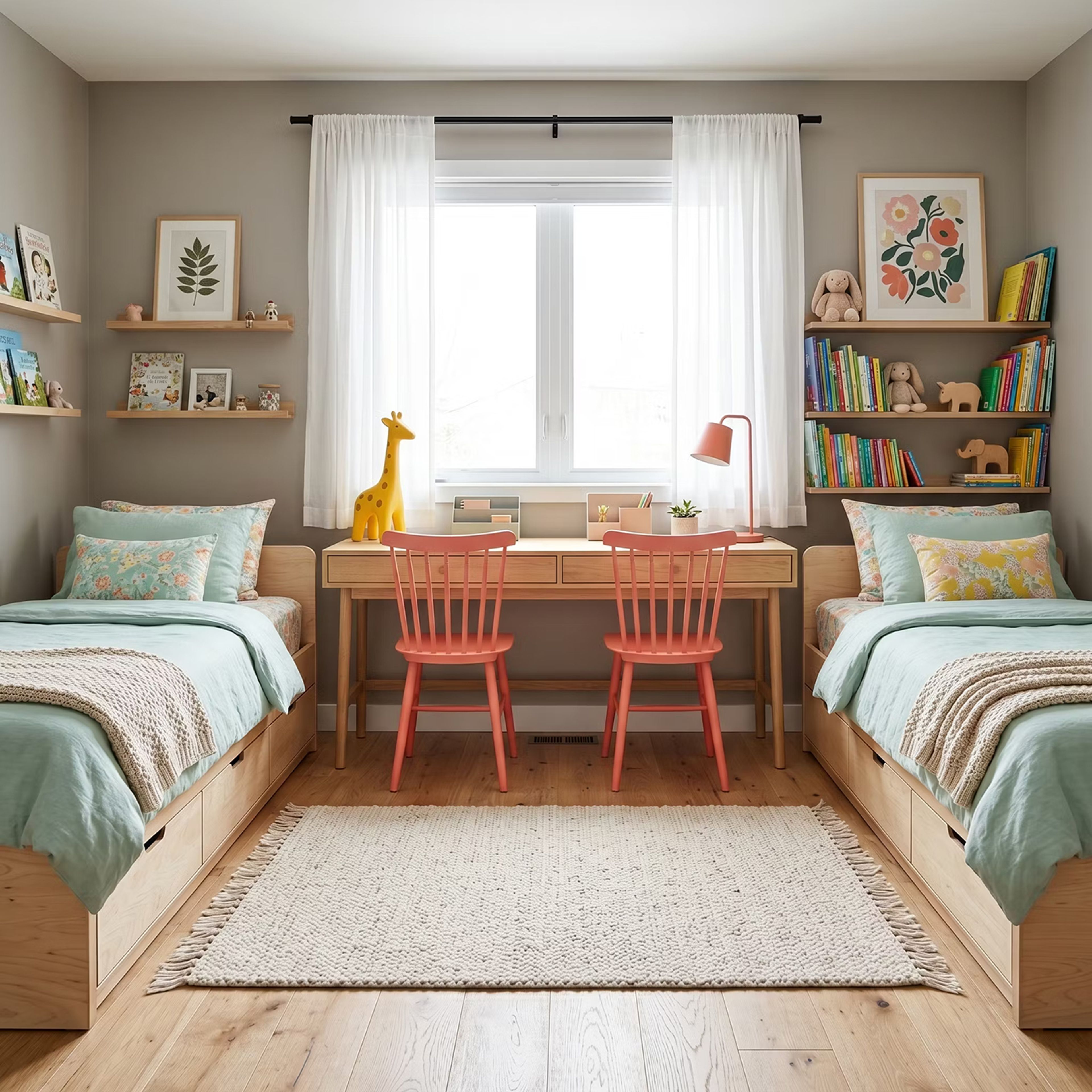 Kids Bedroom Design with Shared Twin Beds and Coral Chairs