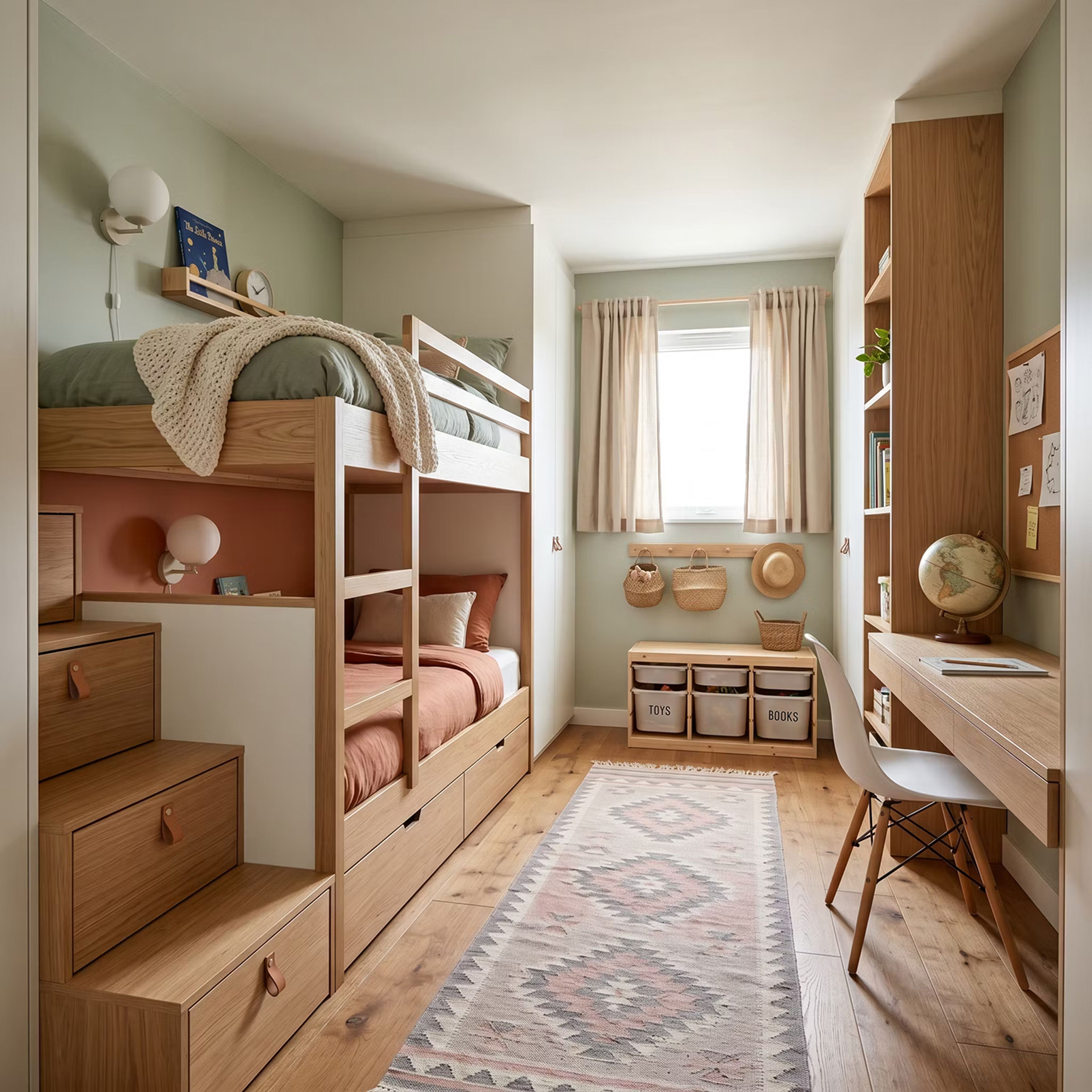 Kids Bedroom Design with Bunk Bed and Staircase Drawers