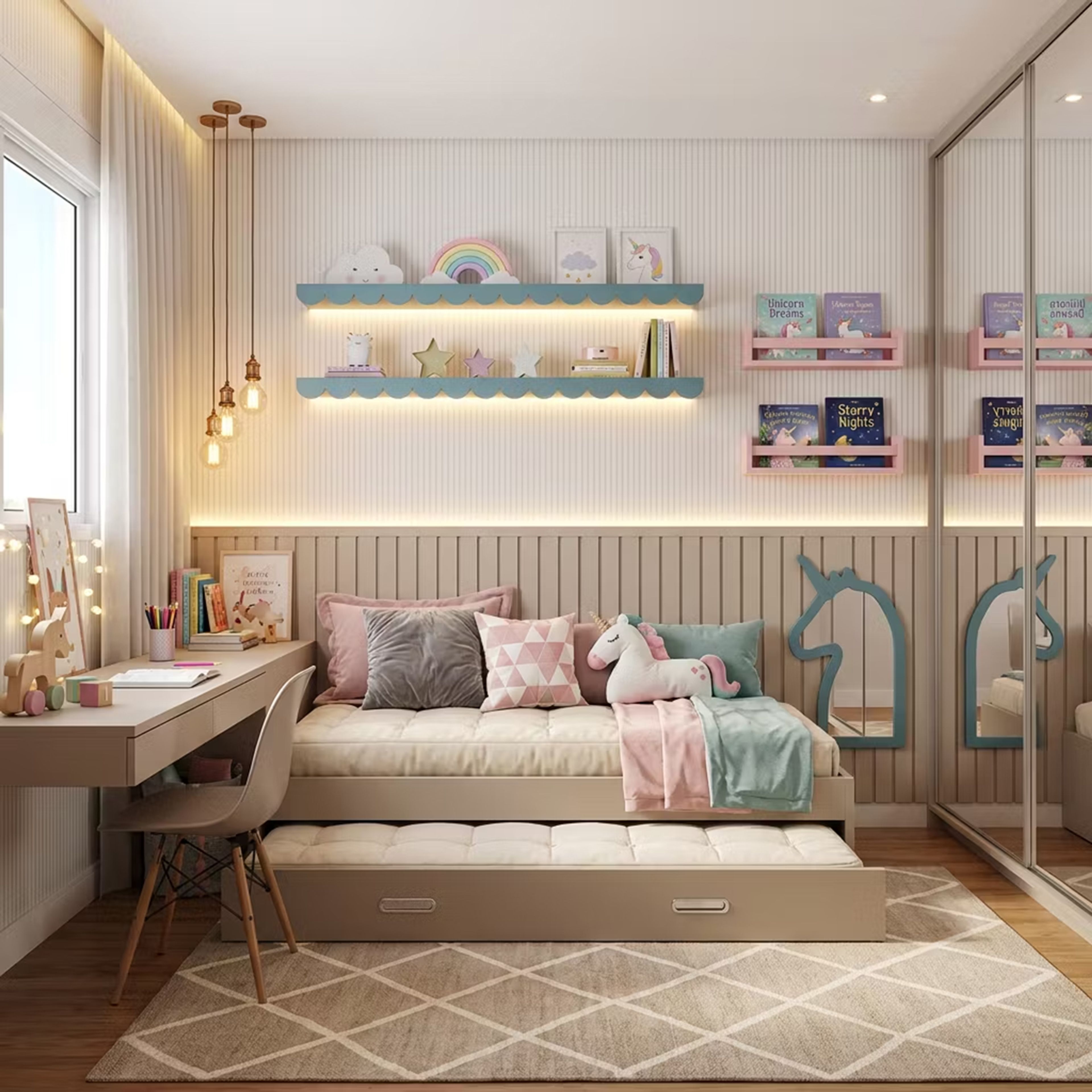 Kids Bedroom Design with Unicorn Motif and Daybed Trundle