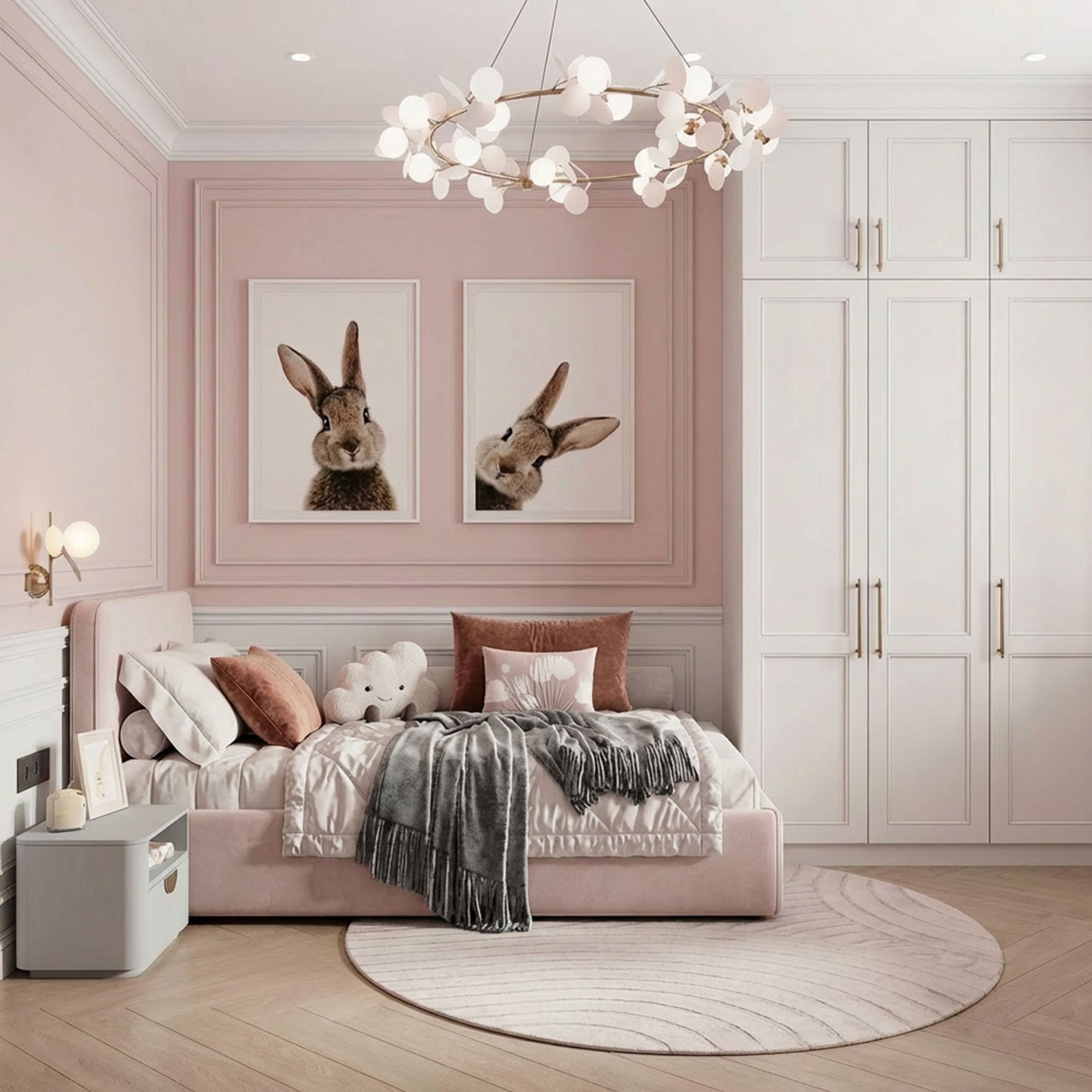Contemporary Kids Bedroom Design with Pink Molding Walls and Low-Profile Bed