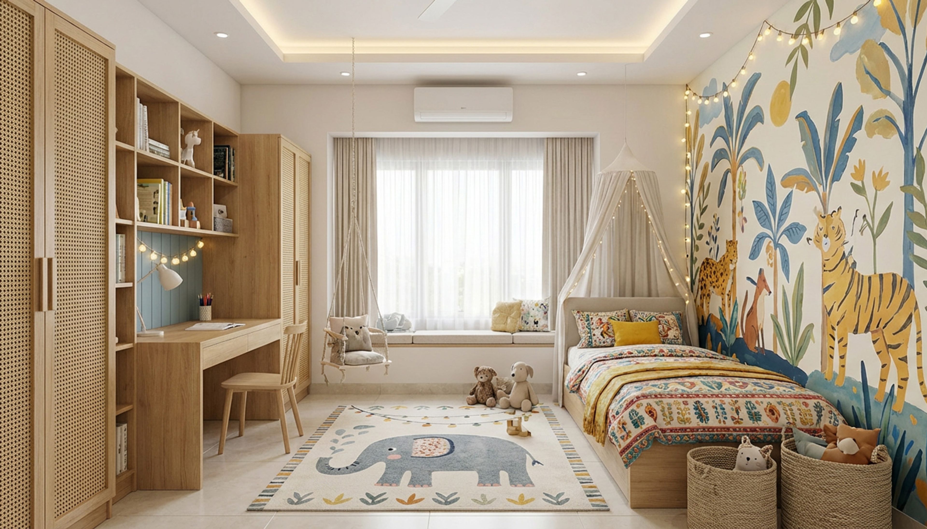 Traditional Jungle Mural Kids Bedroom Design with Rattan Wardrobe and Canopy Bed