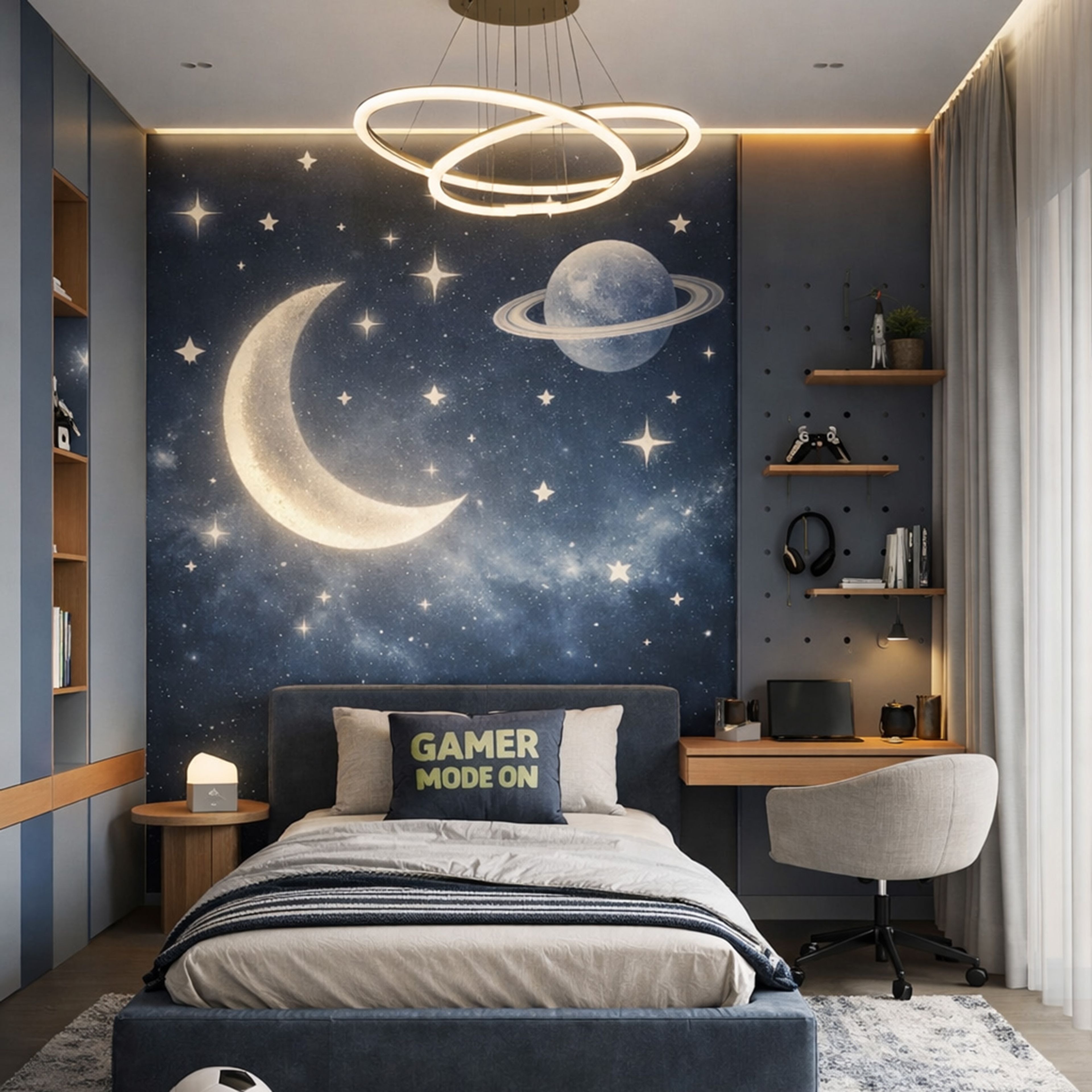 Contemporary Kids Bedroom Design with Space Mural and Dark Blue Bed