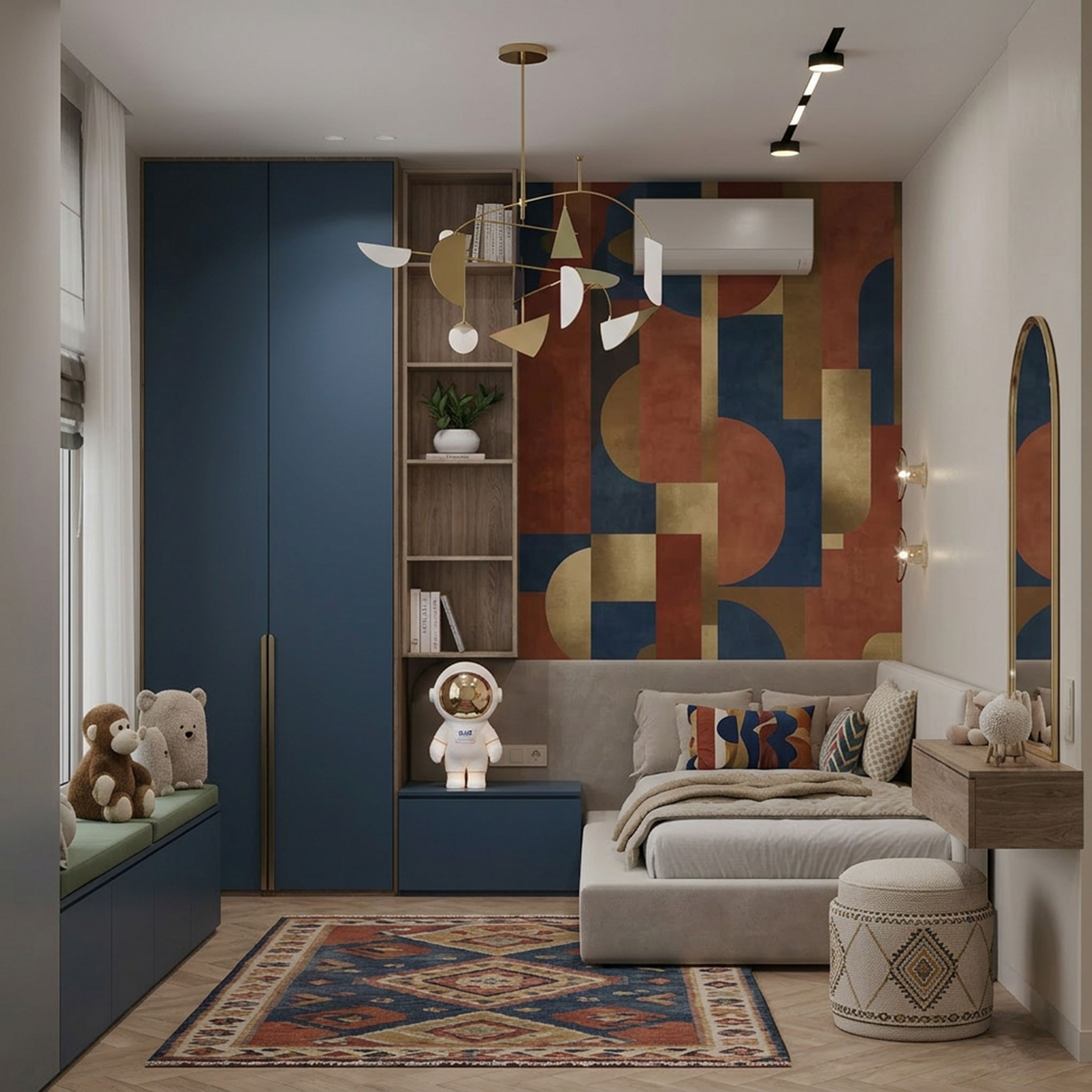 Contemporary Kids Bedroom Design with Geometric Accent Wall and Blue Wardrobe