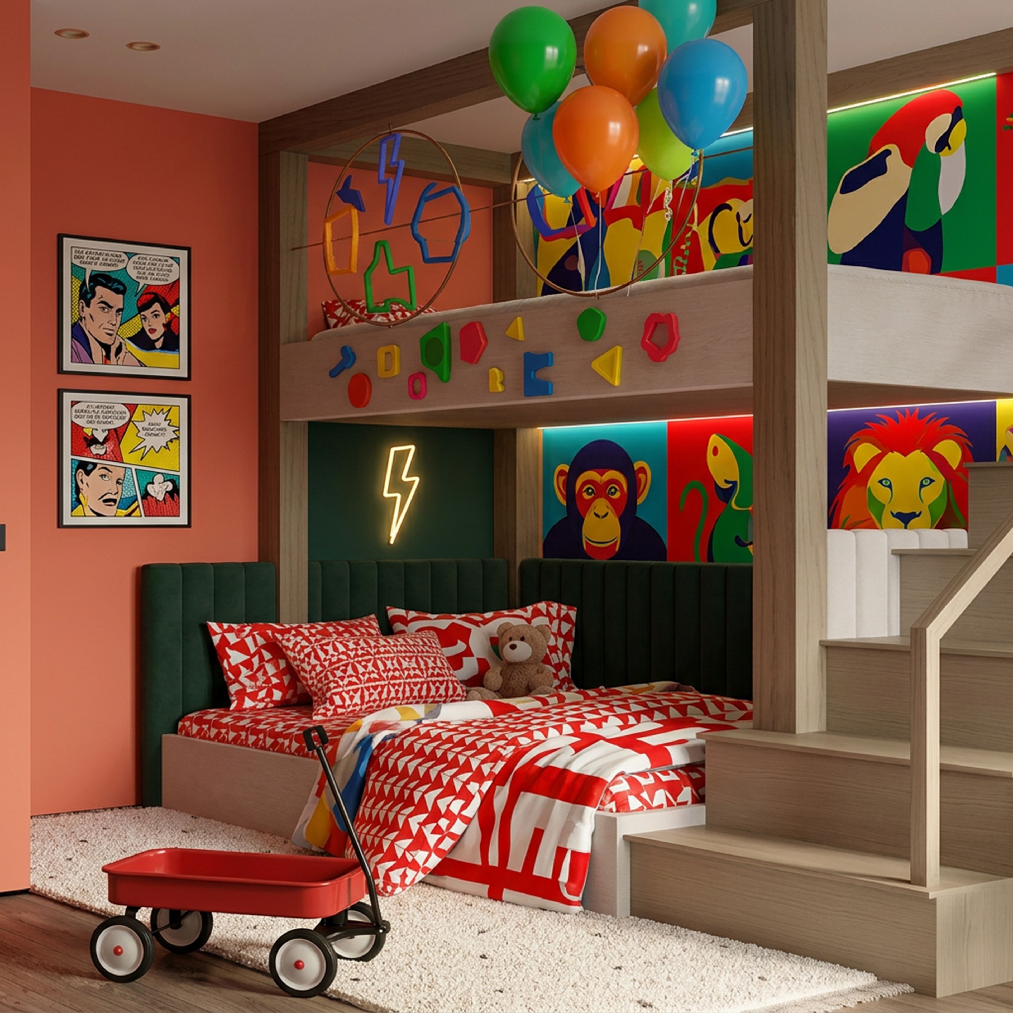Contemporary Kids Bedroom Design with Pop Art Mural and Bunk Bed