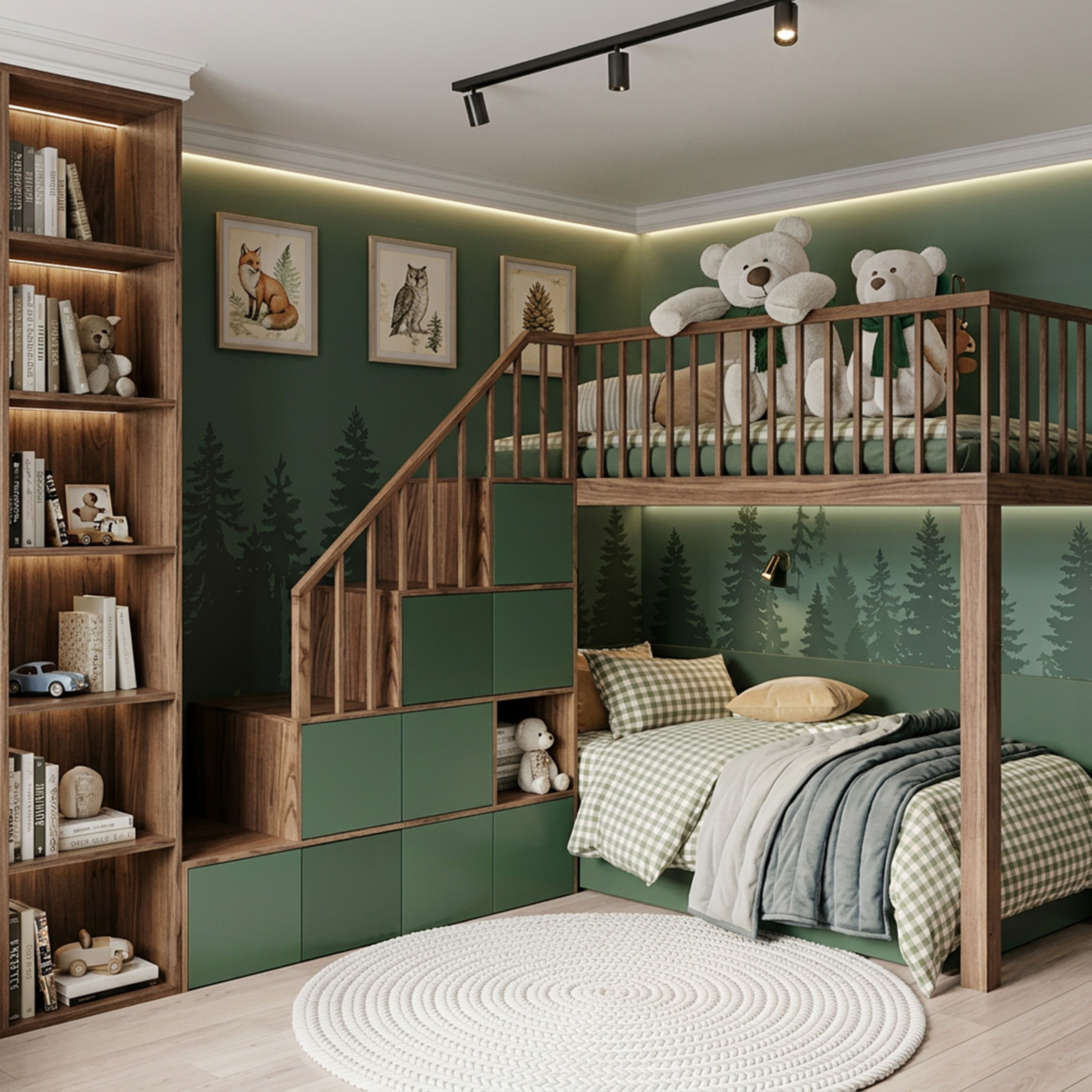 Modern Kids Bedroom Design with Forest Wall and Staircase Bunk Bed
