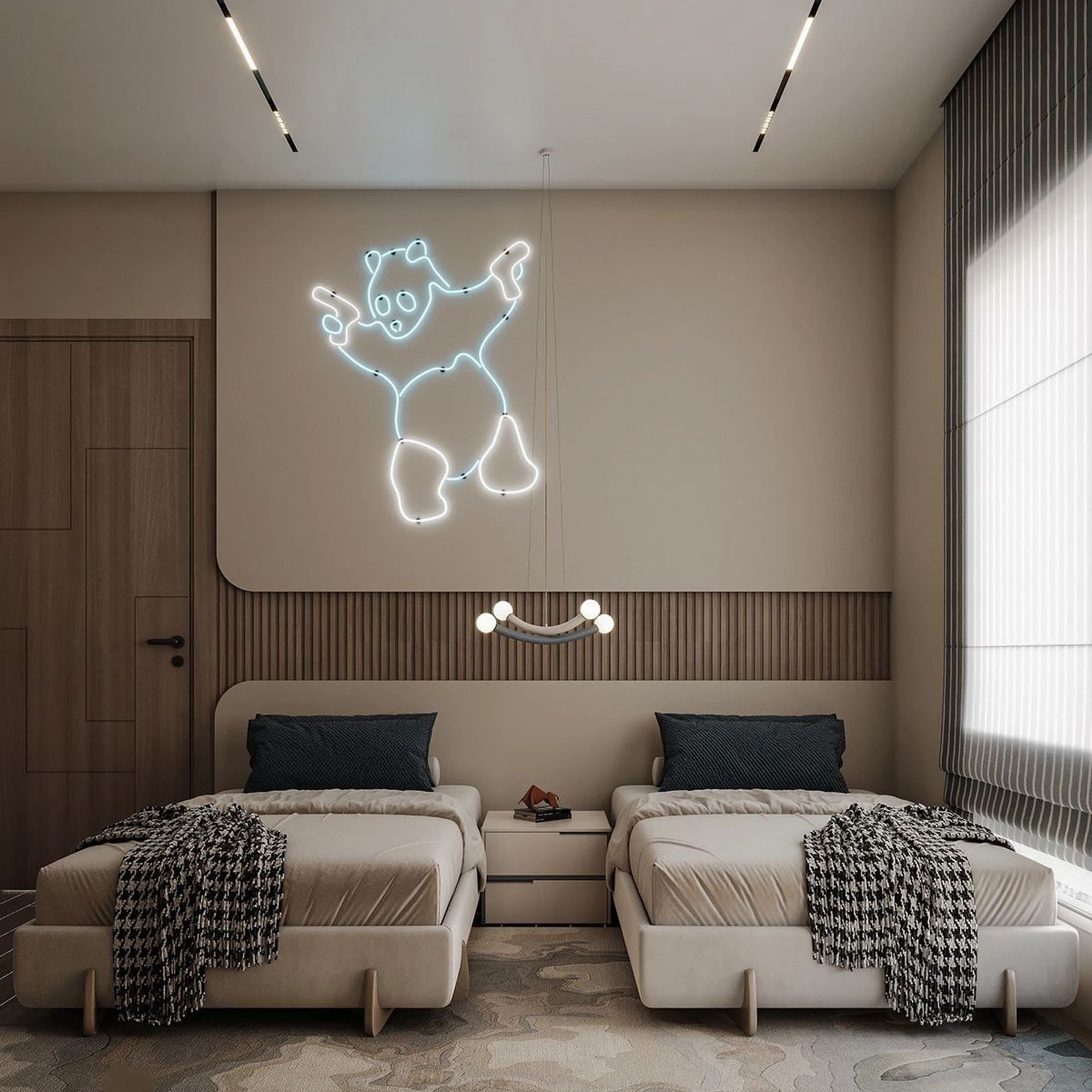 Contemporary Twin Kids Bedroom Design With Glowing Neon Wall Feature