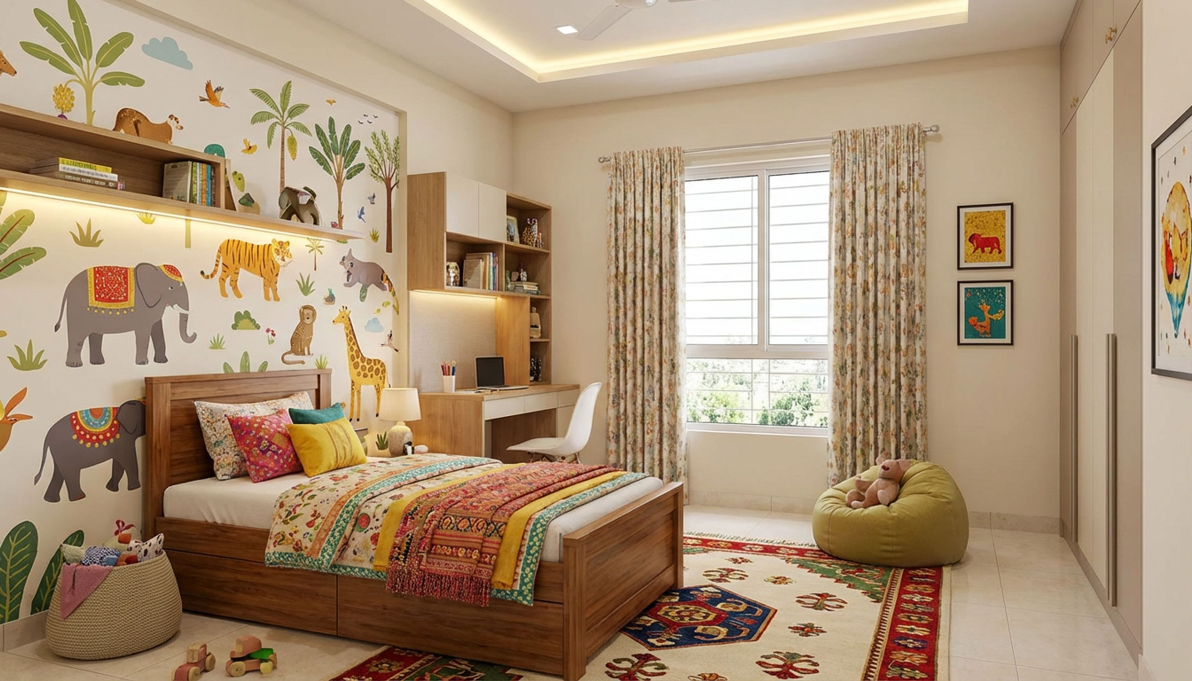 Colorful Bohemian Kids Bedroom Design with Vibrant Jungle Theme Mural