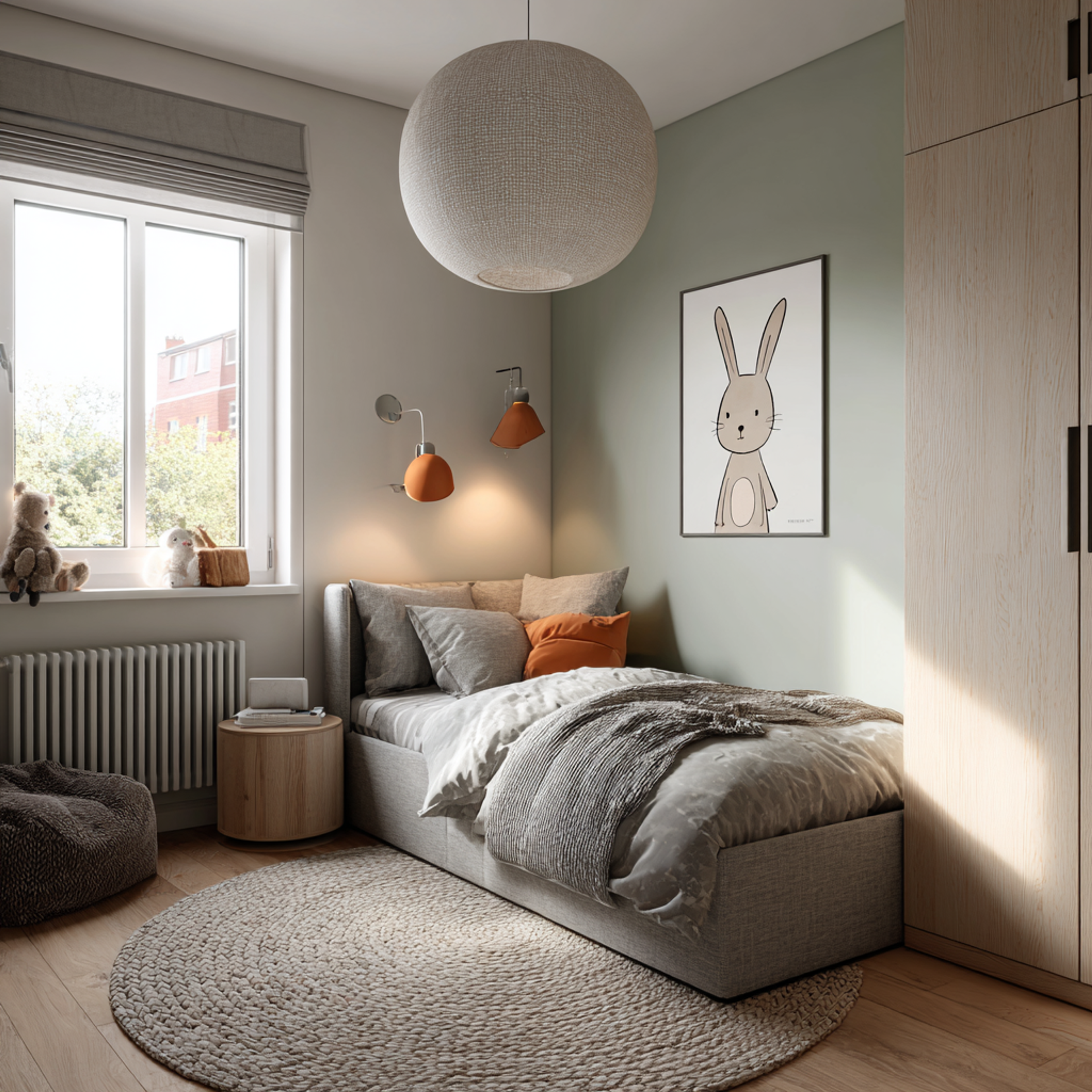 Modern Kids Bedroom Design with Framed Rabbit Wall Illustration abd Hydraulic Lift Up Bed