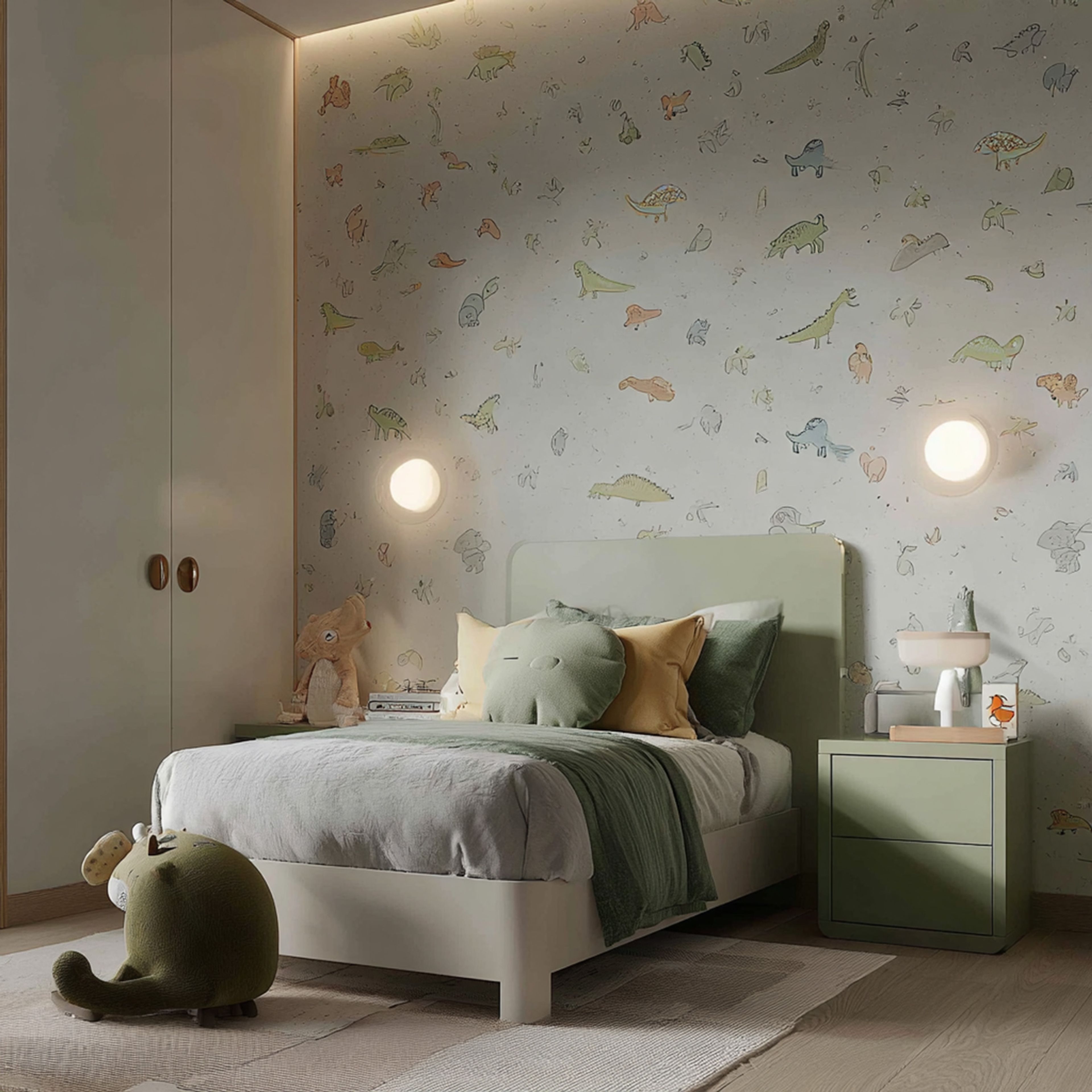 Scandinavian Kids Bedroom Design with Mint Green Bed and Storybook Animal Wall Art