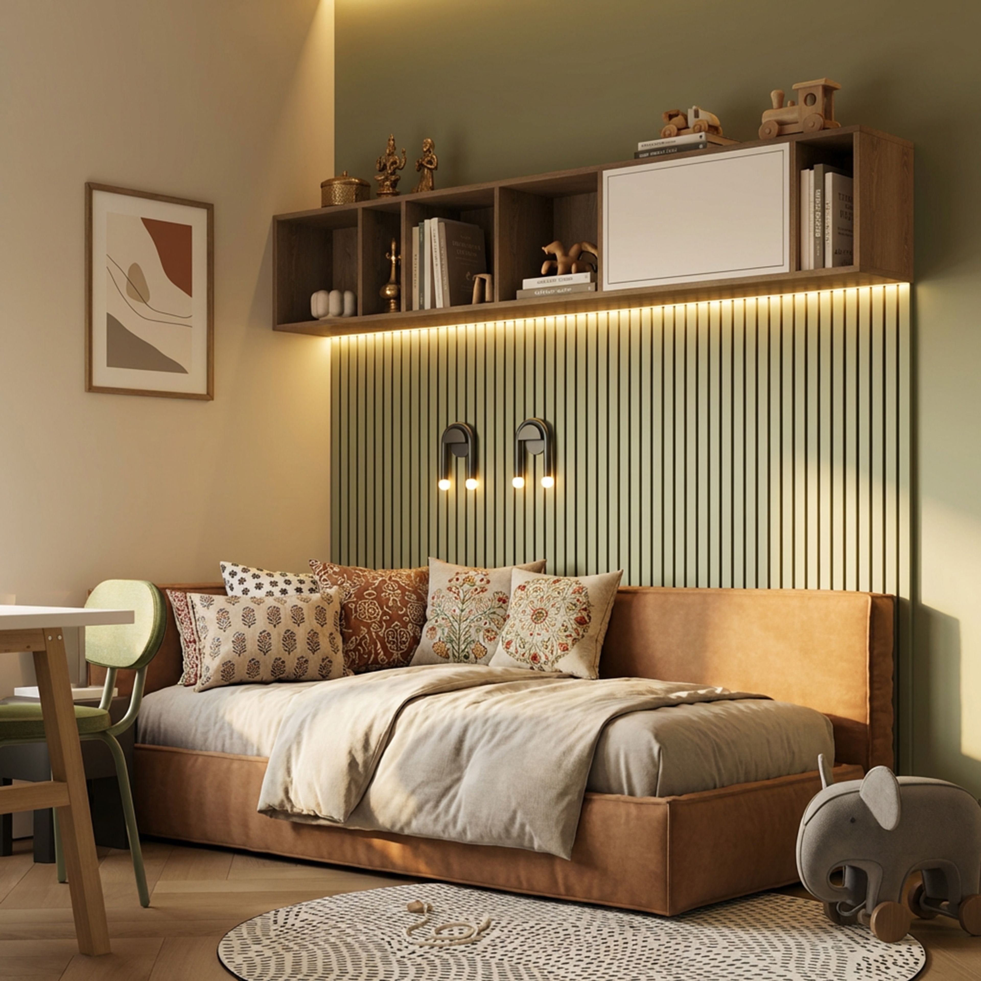 Mid-Century Modern Kids Bedroom Design Featuring a Tan Upholstered Daybed